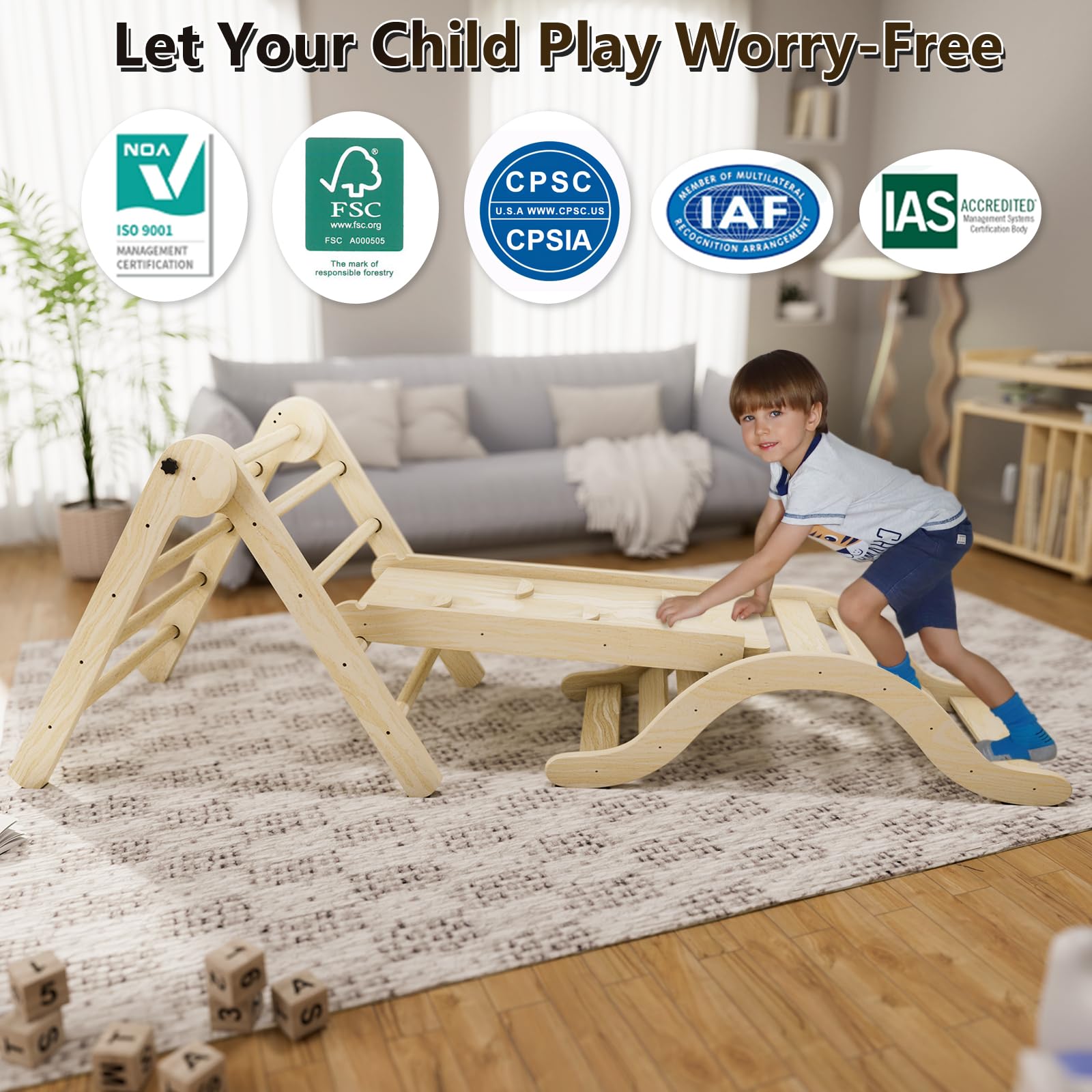 Montessori Pikler Triangle Climber Set 5-in-1 - Natural Wood Toddler Climbing Gym with Ramp, Arch & Play Mat - Indoor Foldable Play Equipment for Kids (99