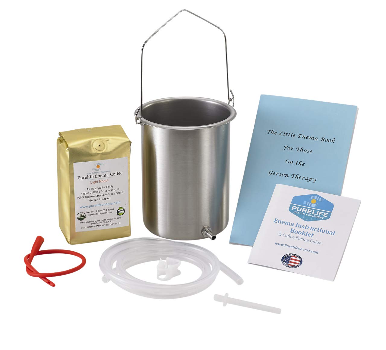 Purelife USA Stainless Steel Coffee Enema Kit - Non-Toxic & Lab Tested - Includes 1 lb Light Roast Enema Coffee - American-Owned Since 2012 - Perfect for Colon Cleansing & Detox at Home