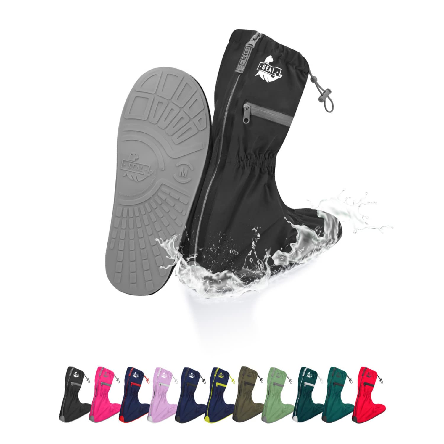**SEAL Waterproof Shoe Covers for Men & Women - Slip-Resistant Sole, Large Zippers - Reusable Rain, Mud & Snow Protector for Outdoor Activities, Hiking & Commuting**