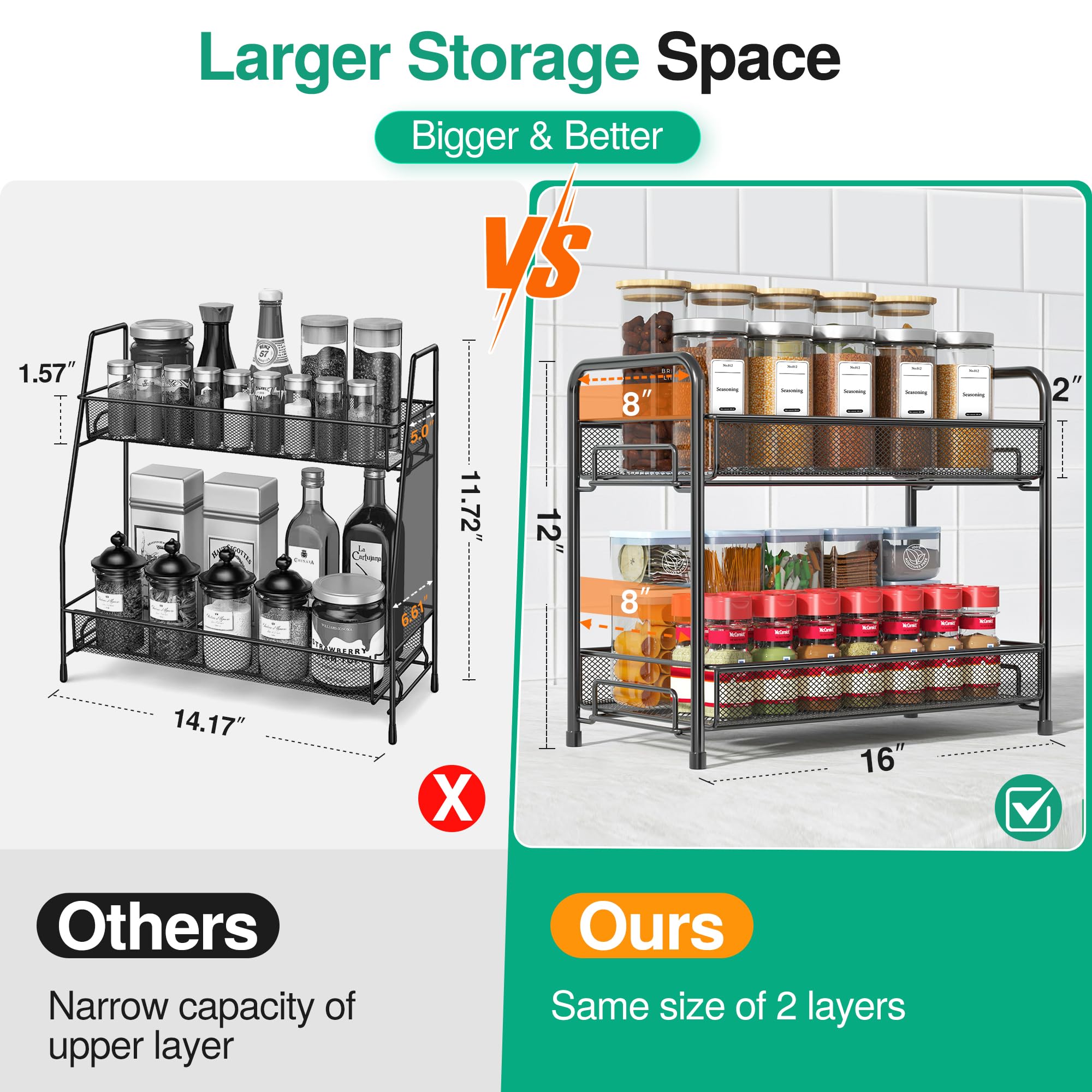 Xpatee 2-Tier Foldable Metal Spice Rack Organizer - Rust-Proof Countertop Spice Shelf with Guardrail & Mesh Design for Kitchen, Pantry, Bathroom - Space Saving Storage Solution for Spices, Seasonings & Small Items (Black)
