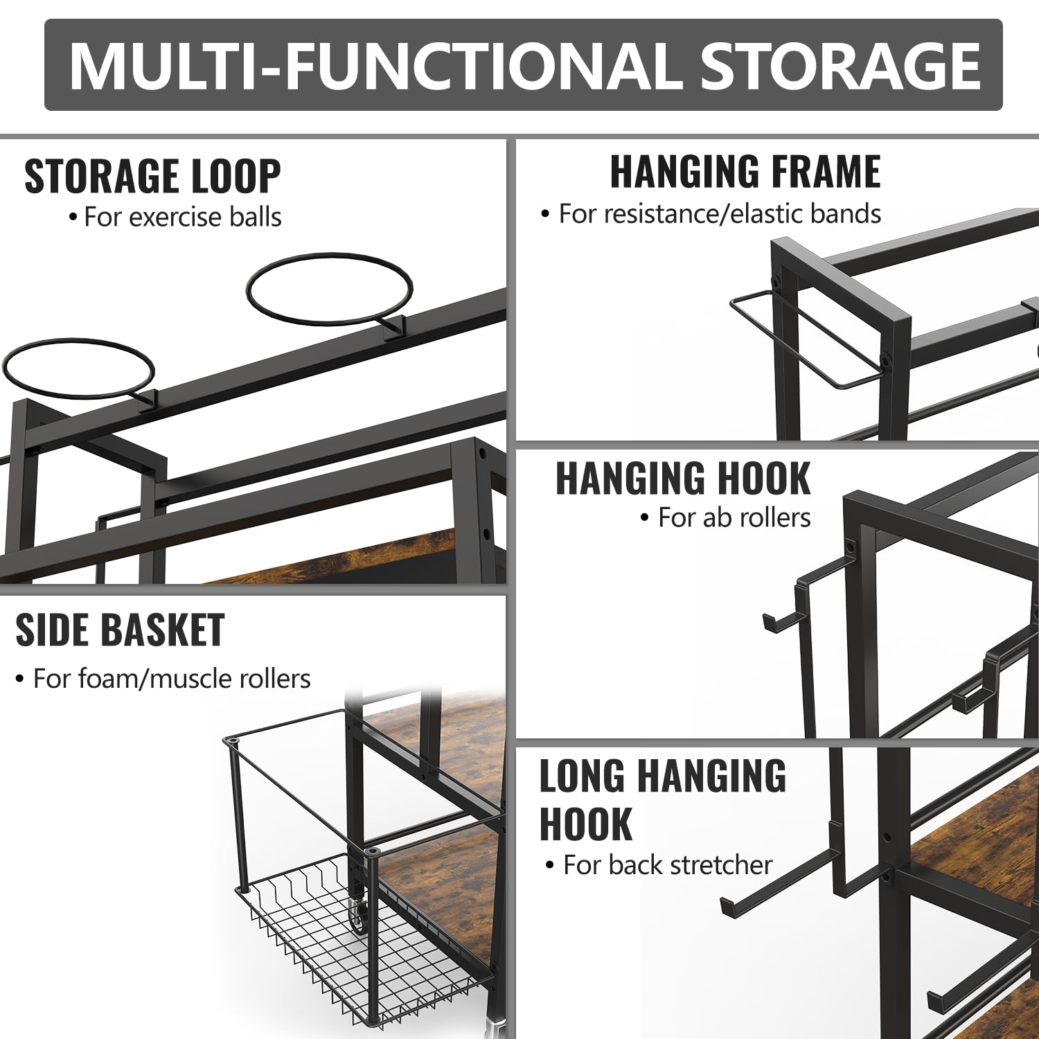 **EasyCom Heavy-Duty Home Gym Storage Rack – Large Capacity Organizer for Dumbbells, Kettlebells, Foam Rollers, Yoga Mats & Resistance Bands – Workout Equipment Storage with Hooks & Wheels – Perfect for Garage, Basement & Home Gym Organization**