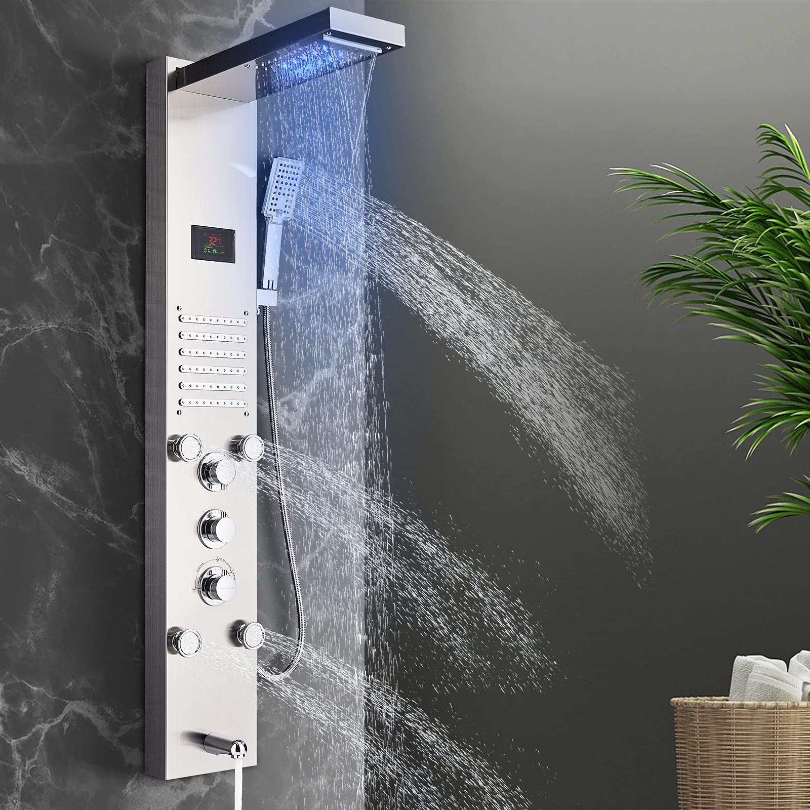 NeierThodore LED Rainfall Shower Panel - Multi-Function Shower Tower System with Massage Jets, Handheld Sprayer & Temperature Display in Brushed Nickel - Perfect for Spa-Like Bathroom Upgrades and Luxury Home Renovations
