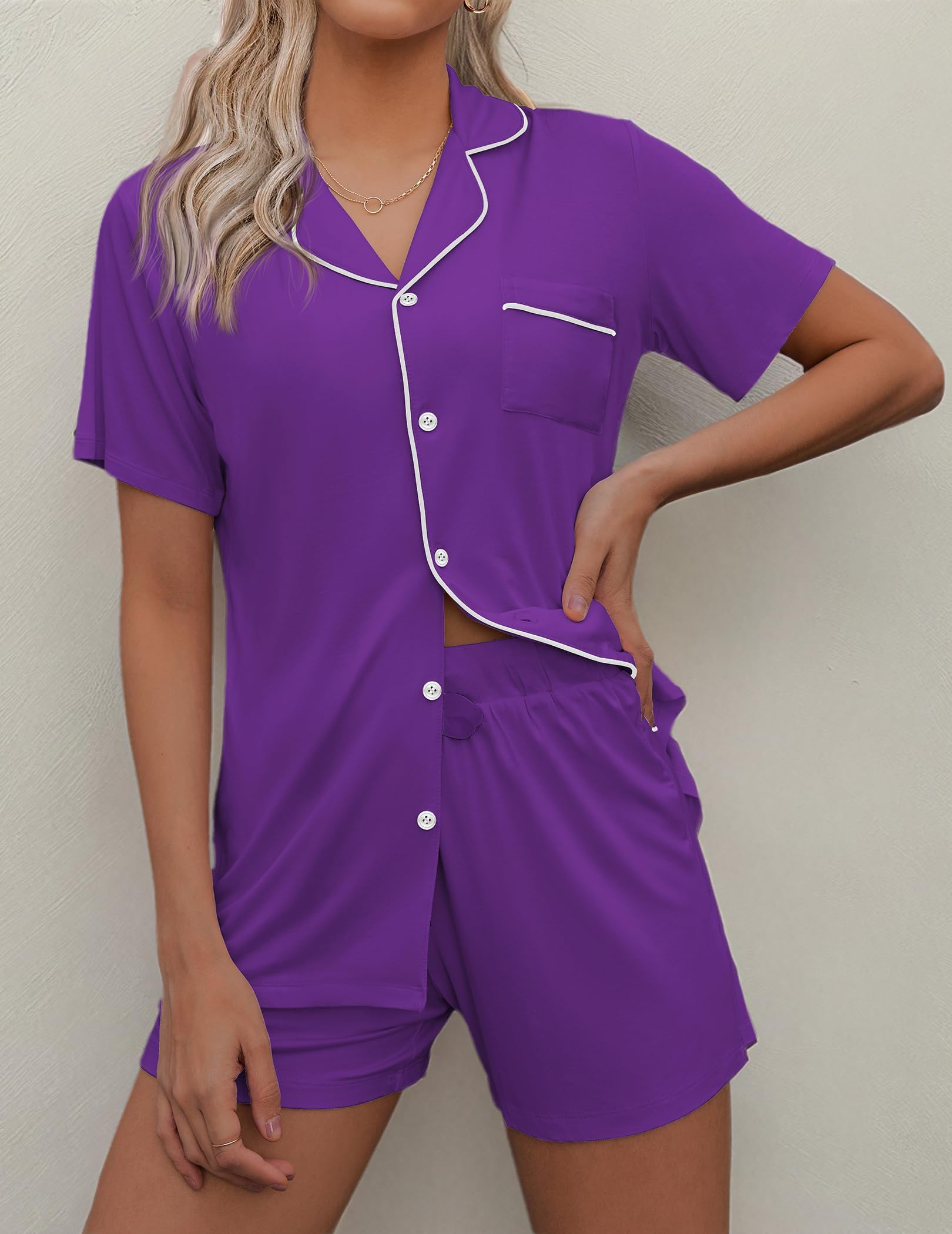 Ekouaer Women's Soft Short Sleeve Pajama Set - 2 Piece Button Down Sleepwear & Lounge Outfit for Comfortable Nights and Relaxing at Home