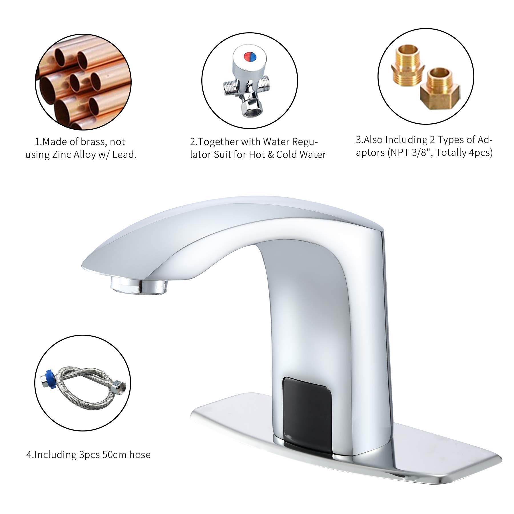 Automatic Sensor Touchless Bathroom Sink Faucet - Brass Motion-Activated Vanity Water Tap with Temperature Control Mixer, 3/8