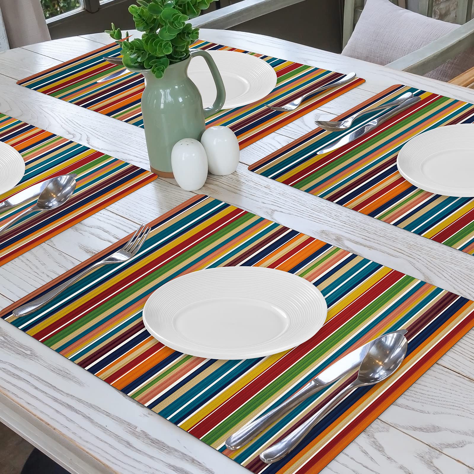 Color Stripe Placemats for Dining Table - Heat Resistant Non-Slip PVC Kitchen Mats, Washable & Durable Table Mats for Home, Restaurant, and Party Use