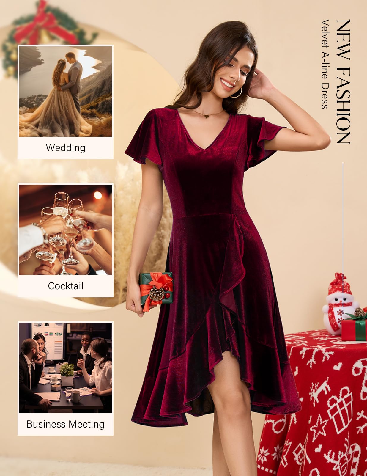 DRESSTELLS Women's Velvet Cocktail Dress 2024 | Elegant V-Neck Formal Gown for Christmas Party, Wedding Guest & Holiday Events | Winter Evening Wear for Special Occasions
