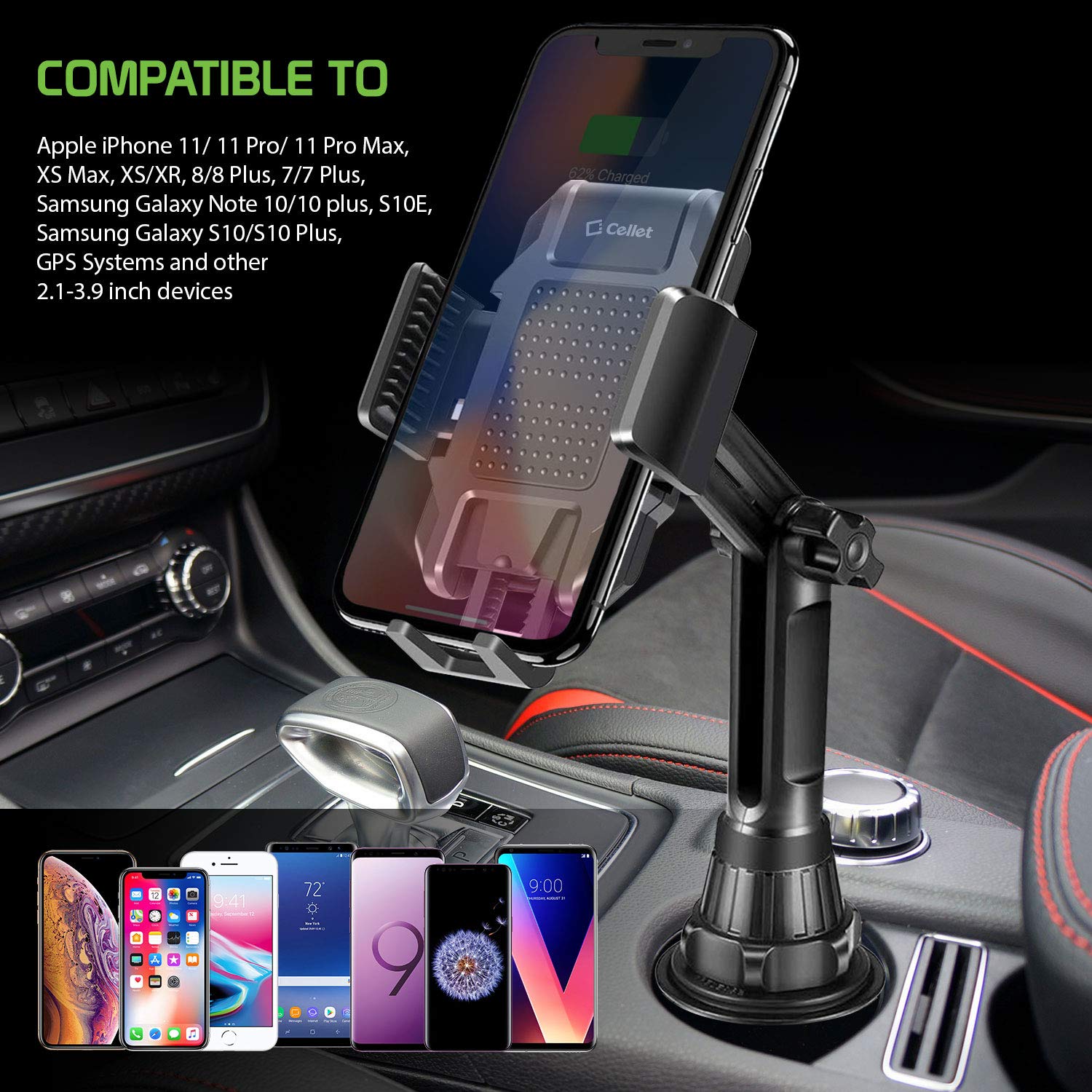 Car Cup Holder Phone Mount for iPhone & Android - Universal Phone Holder Cradle Compatible with Tesla Model 3/Y - Perfect for Road Trips & Hands-Free Driving