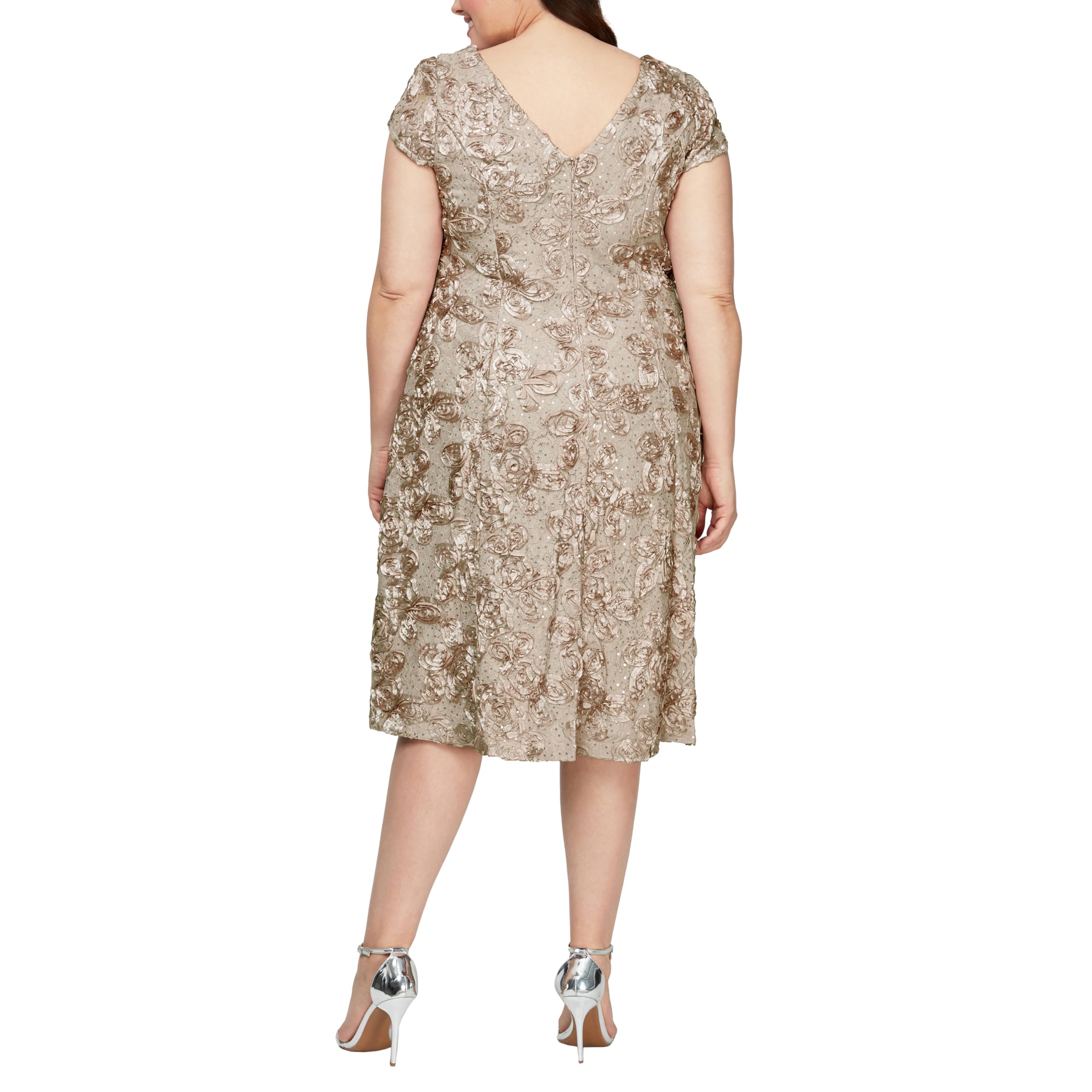 Alex Evenings Women's Plus Size Tea Length Dress with Rosette Detail - Elegant Formal Occasion & Wedding Guest Dress