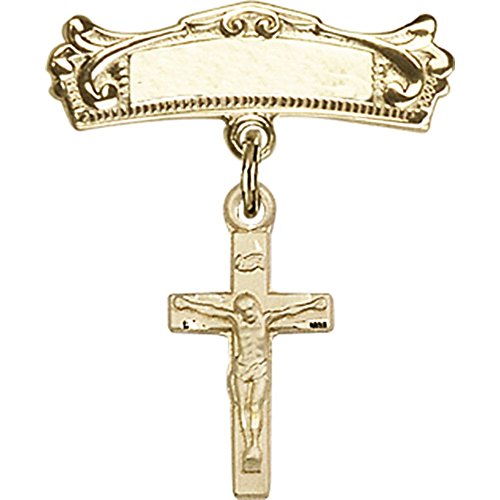 Gold Filled Baby Badge with Crucifix Charm - 1 X 3/4 Inch Arched Polished Pin for Christening, Baptism & First Communion Gifts