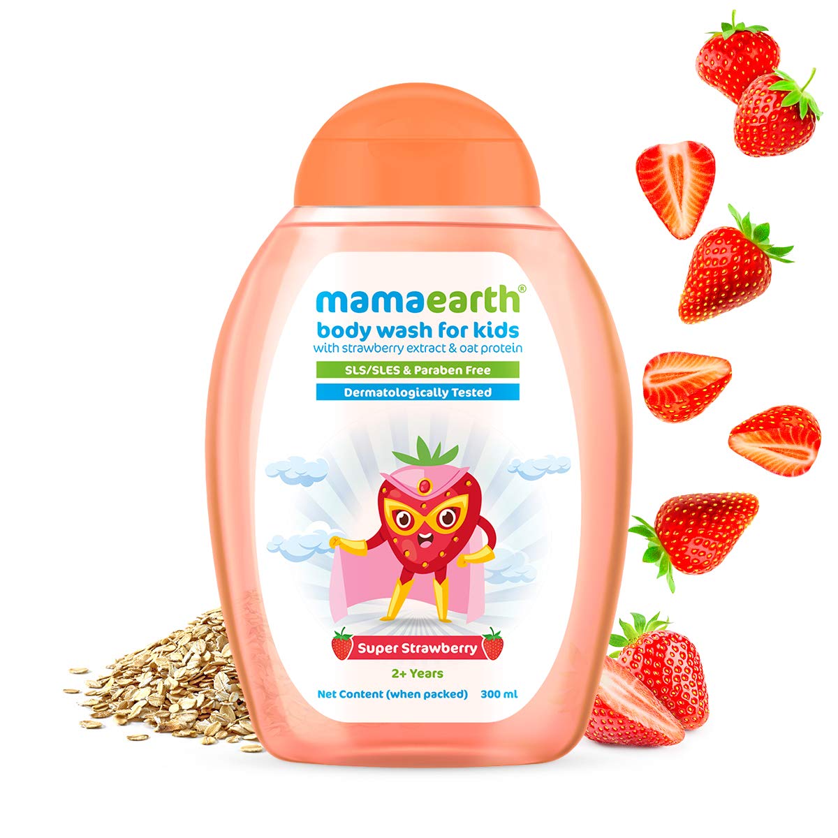 Mamaearth Super Strawberry Kids Body Wash 300ml - Natural Strawberry & Oat Protein Formula | Gentle Cleansing for Sensitive Skin | Dermatologist Tested, SLS/SLES & Paraben Free | Perfect for Daily Bath Time & Baby Skin Care