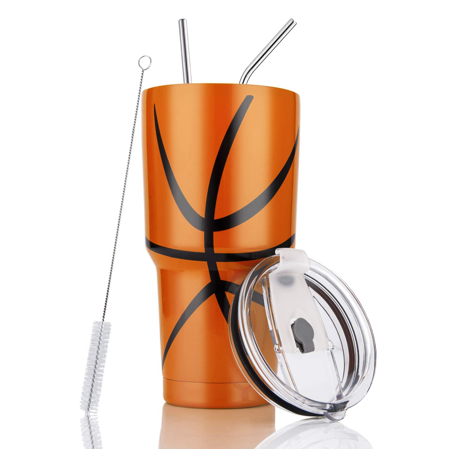 Joyclub 30oz Stainless Steel Tumbler - Double Wall Vacuum Insulated Travel Mug with Lid, Straw & Cleaning Brush - Keeps Drinks Hot/Cold for Hours - Perfect for Coffee, Tea, Water & Smoothies - Basketball Design - Ideal for Office, Gym, Camping & Road Trips