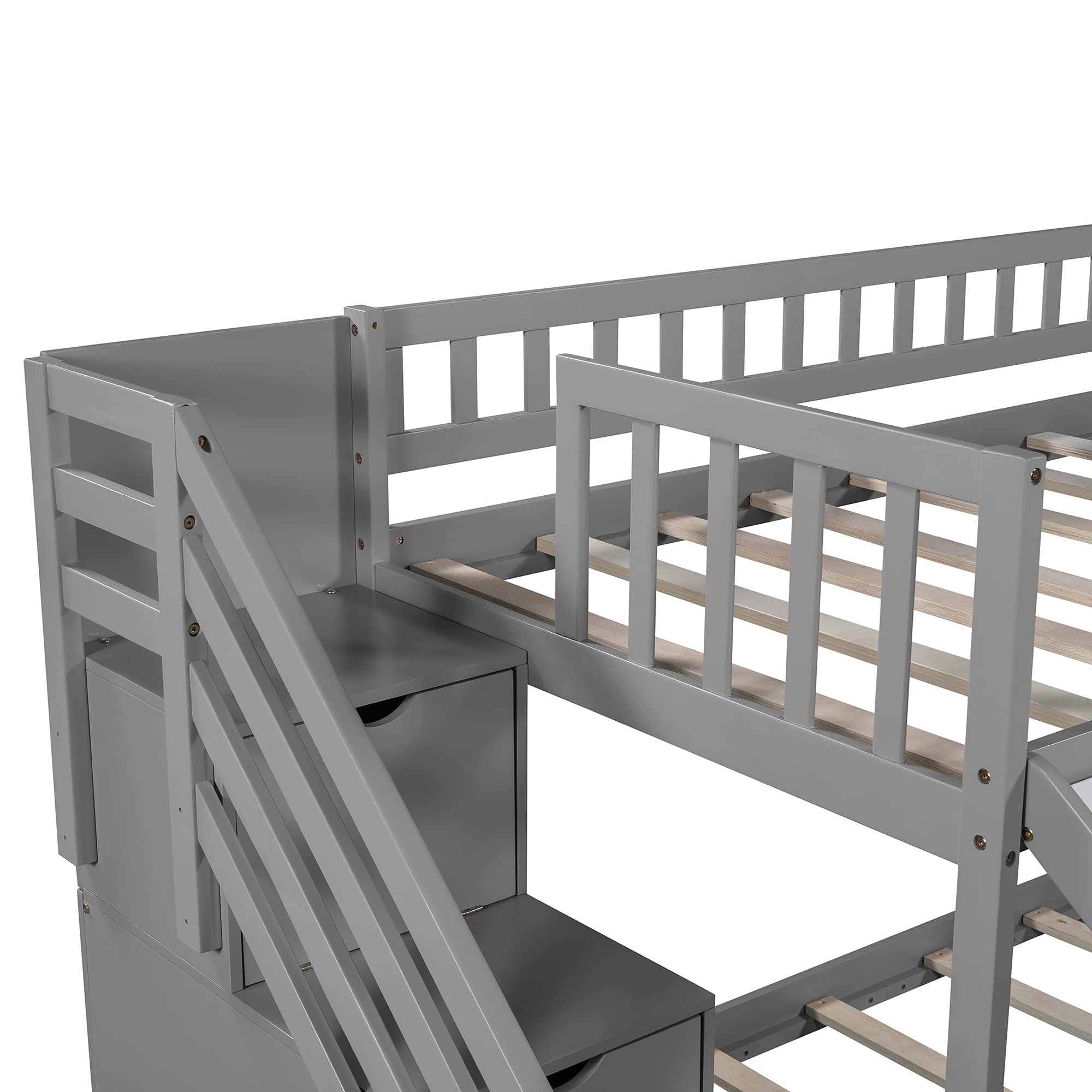 **Kids Wooden Twin Over Twin Low Bunk Bed with Slide & Staircase - Storage Shelves, Handrail & Optional Drawers on Both Sides (Gray) - Perfect for Small Bedrooms, Playrooms & Sleepovers**