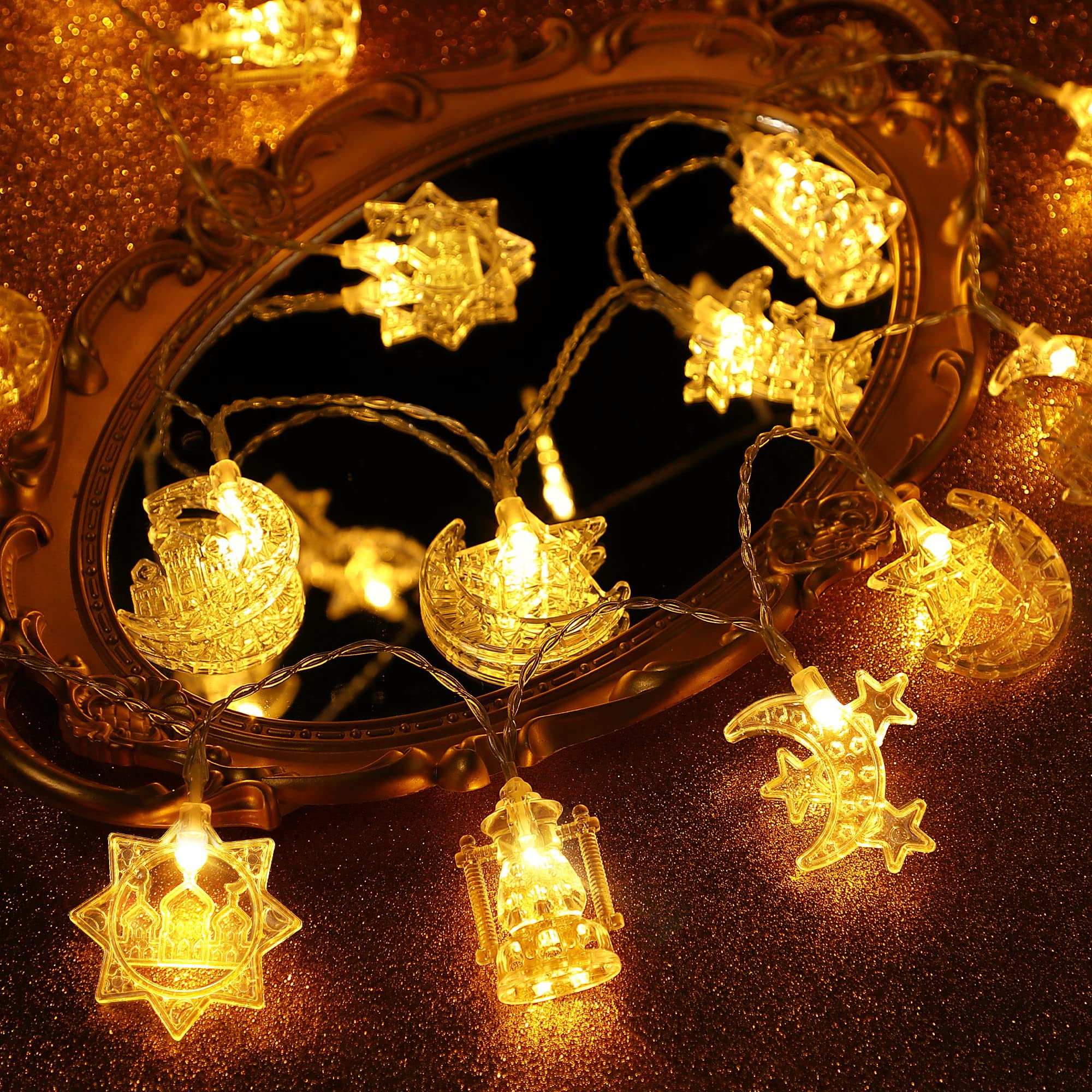Hiboom 2 Pack 16 ft Moon Star Ramadan String Lights - 30 LED Battery Operated Fairy Lights with Remote Control for Ramadan & Eid Decorations (Warm White) - Perfect for Indoor/Outdoor Home, Garden, Party, and Festival Decor