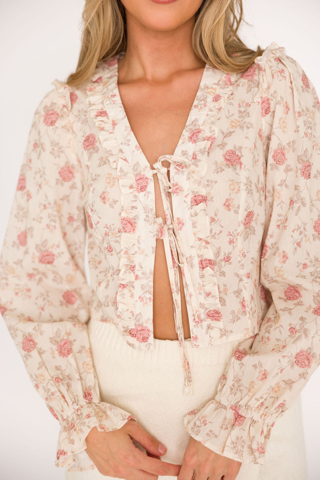 Hollis Ruffle Tie Top Women's Blouse - Cream & Pink Floral Print, Casual Summer Shirt for Date Night & Beach Outfits