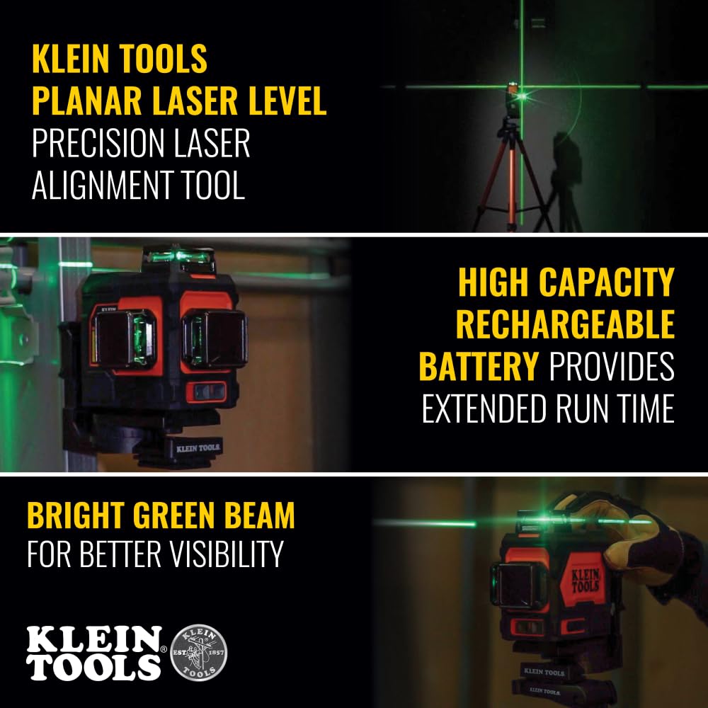 Klein Tools 93PLL Self-Leveling Laser Level - Bright Green 3x360° Planes, Rechargeable Battery & Magnetic Mount for Construction, Remodeling, and DIY Projects
