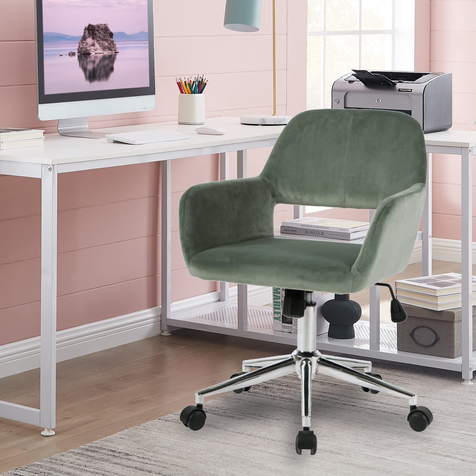 HomVent Velvet Swivel Desk Chair with Cute Hollow Mid-Back - Ergonomic Upholstered Task Chair for Office, Living Room, Vanity & Makeup Room - Perfect for Home Office, Gaming & Study Spaces