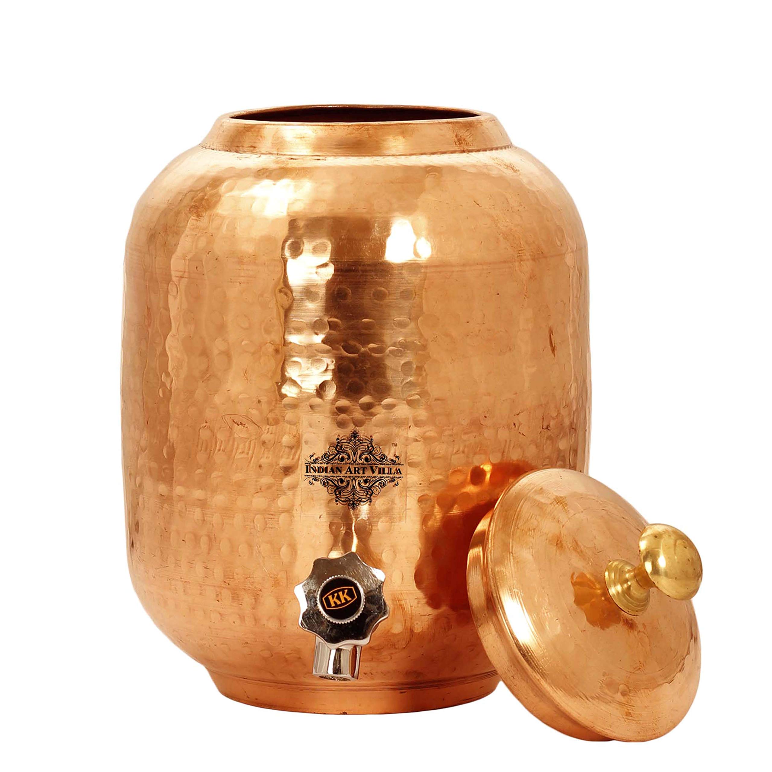 Pure Copper Water Pot with Brass Lid - 135 oz Indian Art Villa Water Storage Tank Dispenser | Ayurvedic Health Benefits, Home & Office Use