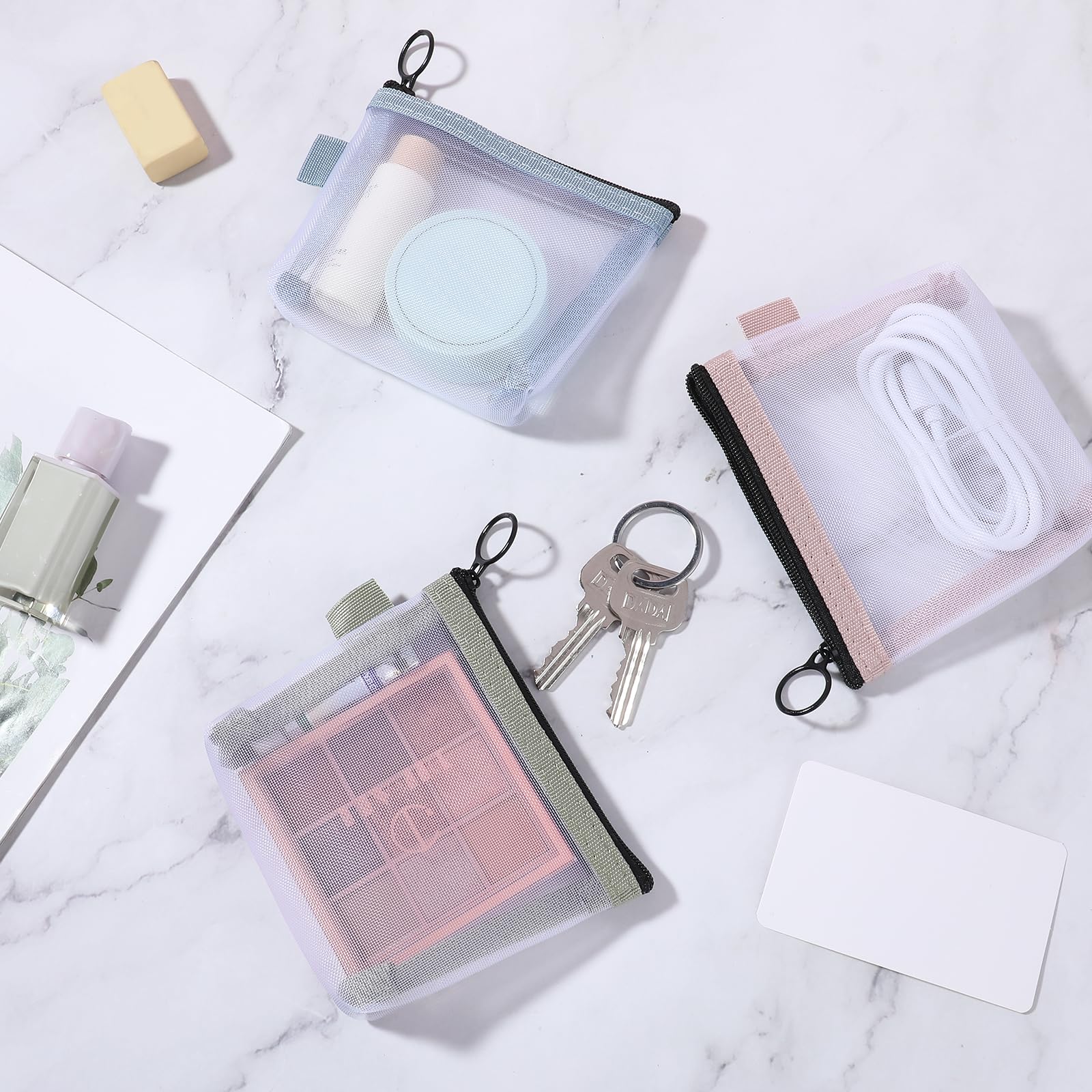 3-Piece Mini Clear Mesh Zipper Pouch Set - Small Travel Makeup Bag for Cosmetics, Lipstick, Keys, Earphones & Cards | Perfect for Purse Organizer, Gym Essentials & On-the-Go Storage