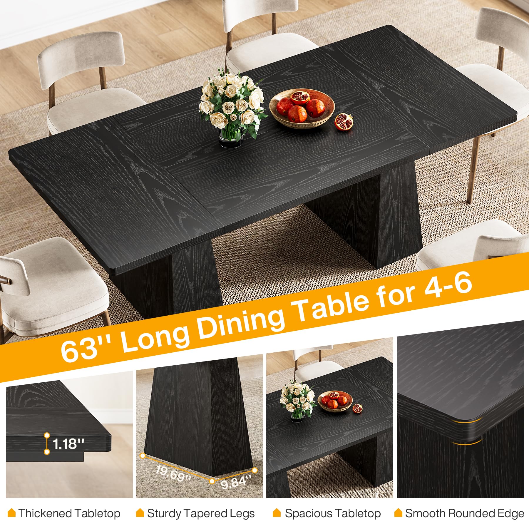 Tribesigns 63-Inch Modern Black Rectangular Dining Table with Sturdy Tapered Legs, Large Tabletop for 4-6 People, Perfect for Dining Room, Kitchen, Living Room, and Home Office