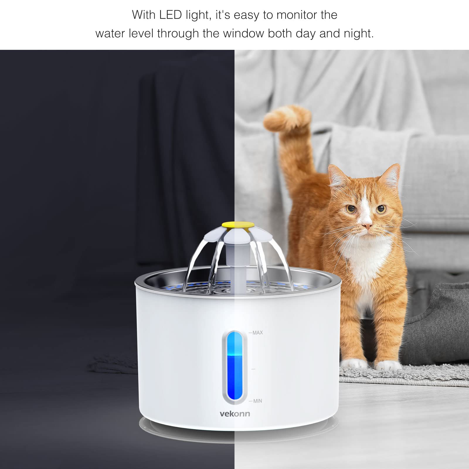 Stainless Steel Cat Water Fountain 2.4L - LED Pet Fountain with Water Level Window for Small Dogs & Cats | Quiet Automatic Water Dispenser for Home, Office, or Bedroom Use