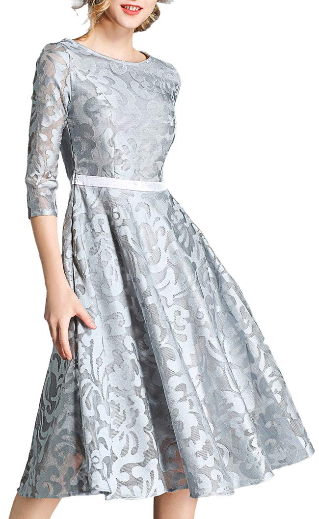 Vintage Floral Lace A-Line Midi Dress for Women - Fall Tea Swing Cocktail Party Formal Dress | Perfect for Evening Events, Bridesmaid Occasions & Special Occasions