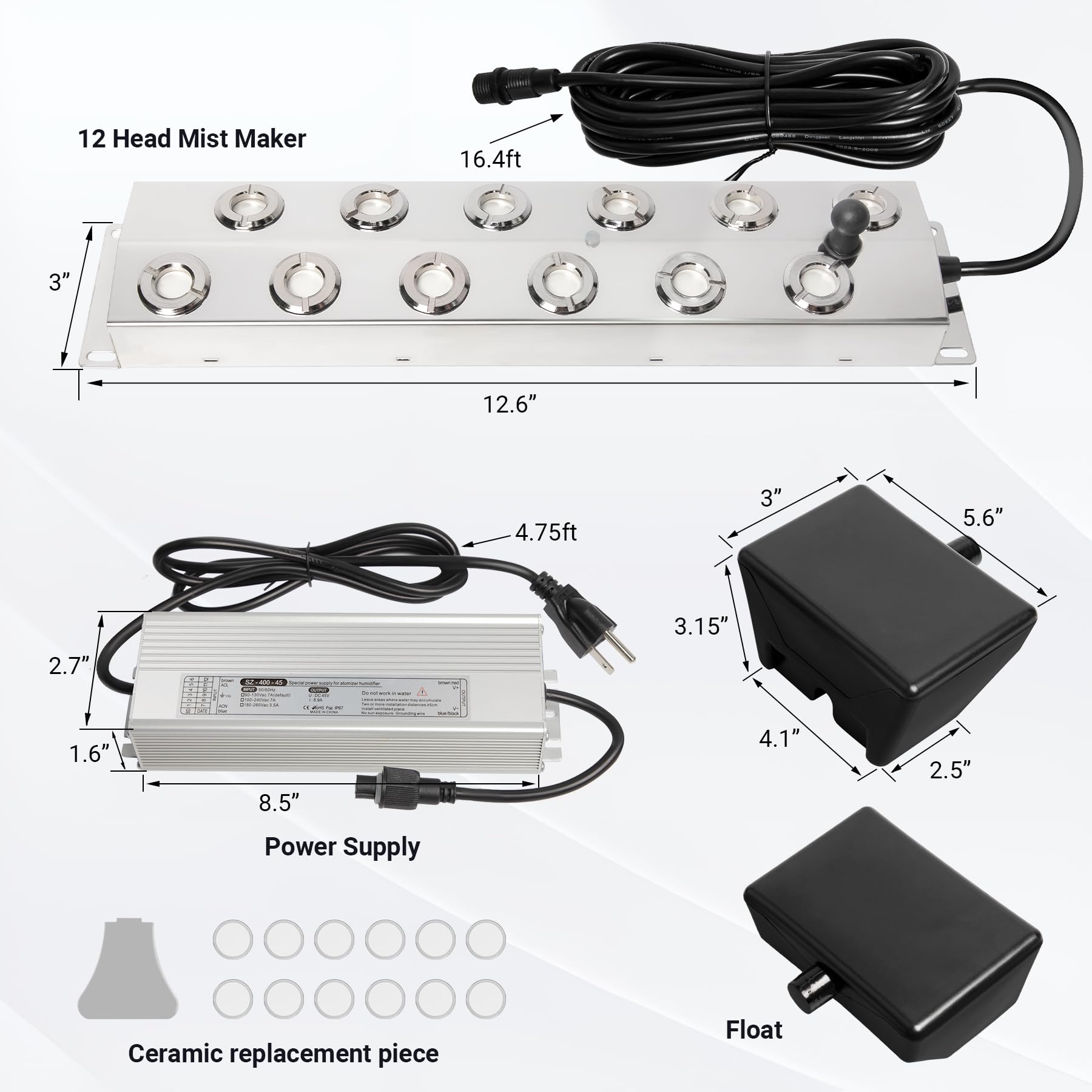 12-Head Ultrasonic Fogger with Float - 9000ml/H High Output Mist Maker, 400W Waterproof Power Supply - Ideal for Ponds, Greenhouses, Rock Gardens, Lawn Decor & Halloween Special Effects