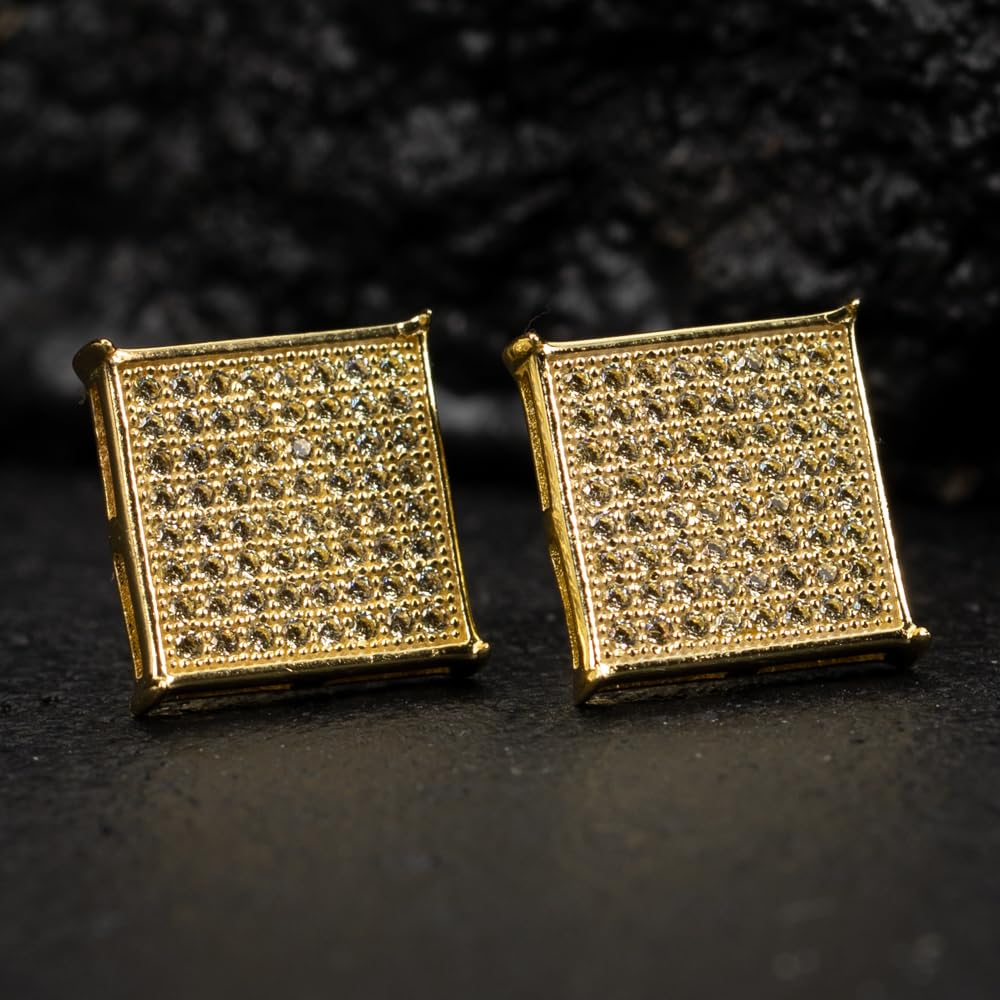 14K Yellow Gold Plated 925 Sterling Silver Men's Cubic Zirconia Stud Earrings - 14mm Big Square Flat Screen Iced Hip Hop Style - Hypoallergenic Screw Back for Sensitive Ears - Perfect for Gifts, Parties, and Everyday Wear