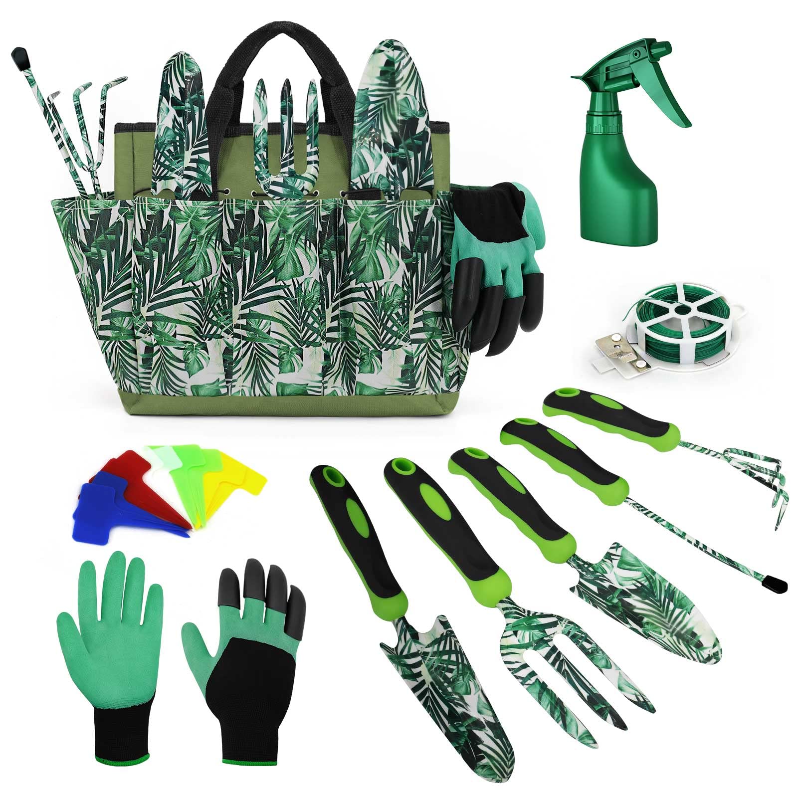 TONAHUTU 10-Piece Heavy Duty Steel Garden Tool Set with Floral Print, Non-Slip Ergonomic Handles & Carrying Case - Perfect Gardening Gifts for Parents & Kids (Green) - Ideal for Planting, Weeding, Digging & Landscaping