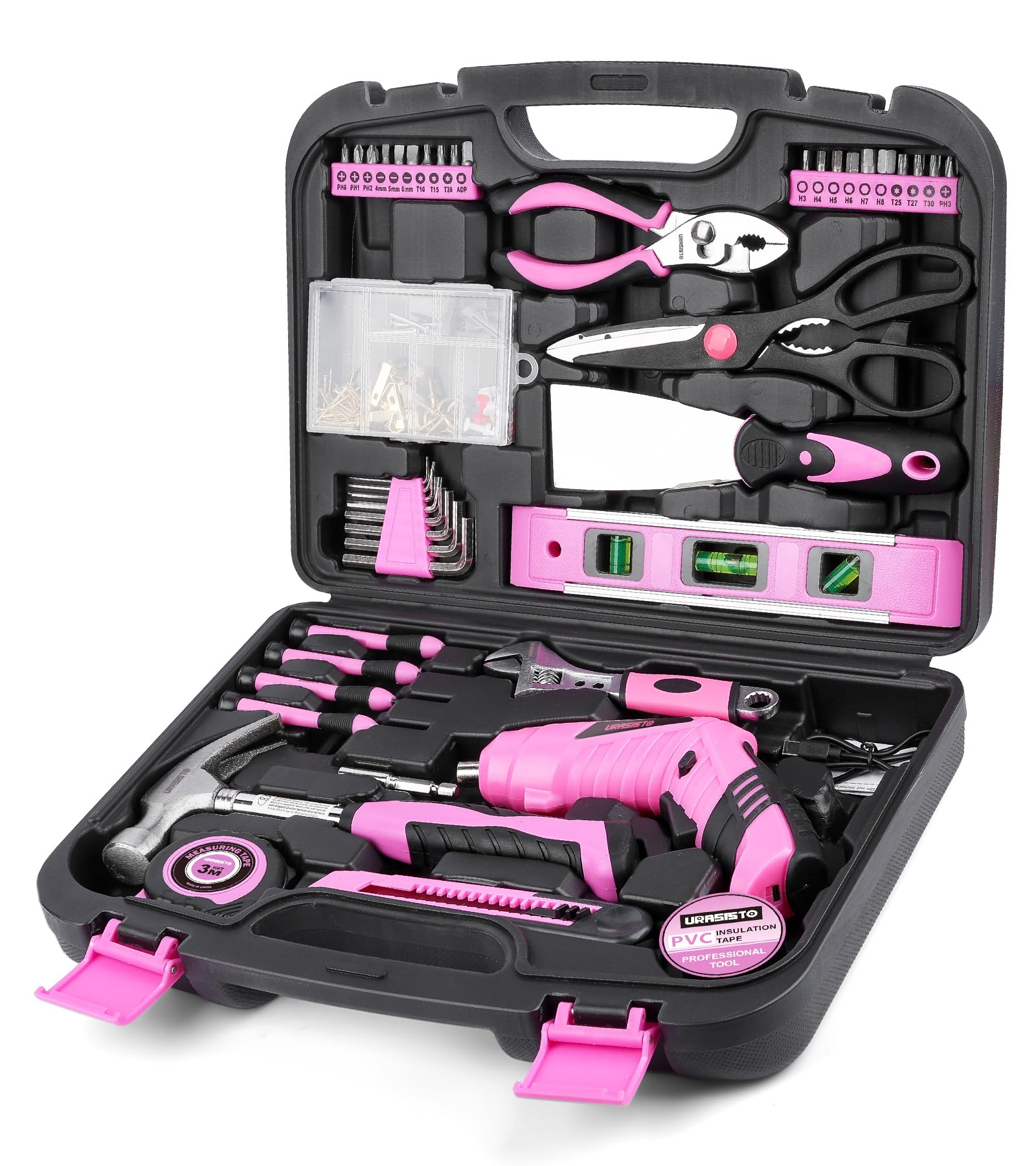 Pink 136-Piece Household Tool Set with 3.6V USB Electric Screwdriver & Cordless Lithium-ion Drill - Complete Home Repair Kit for Women | DIY Projects, Furniture Assembly, Small Repairs