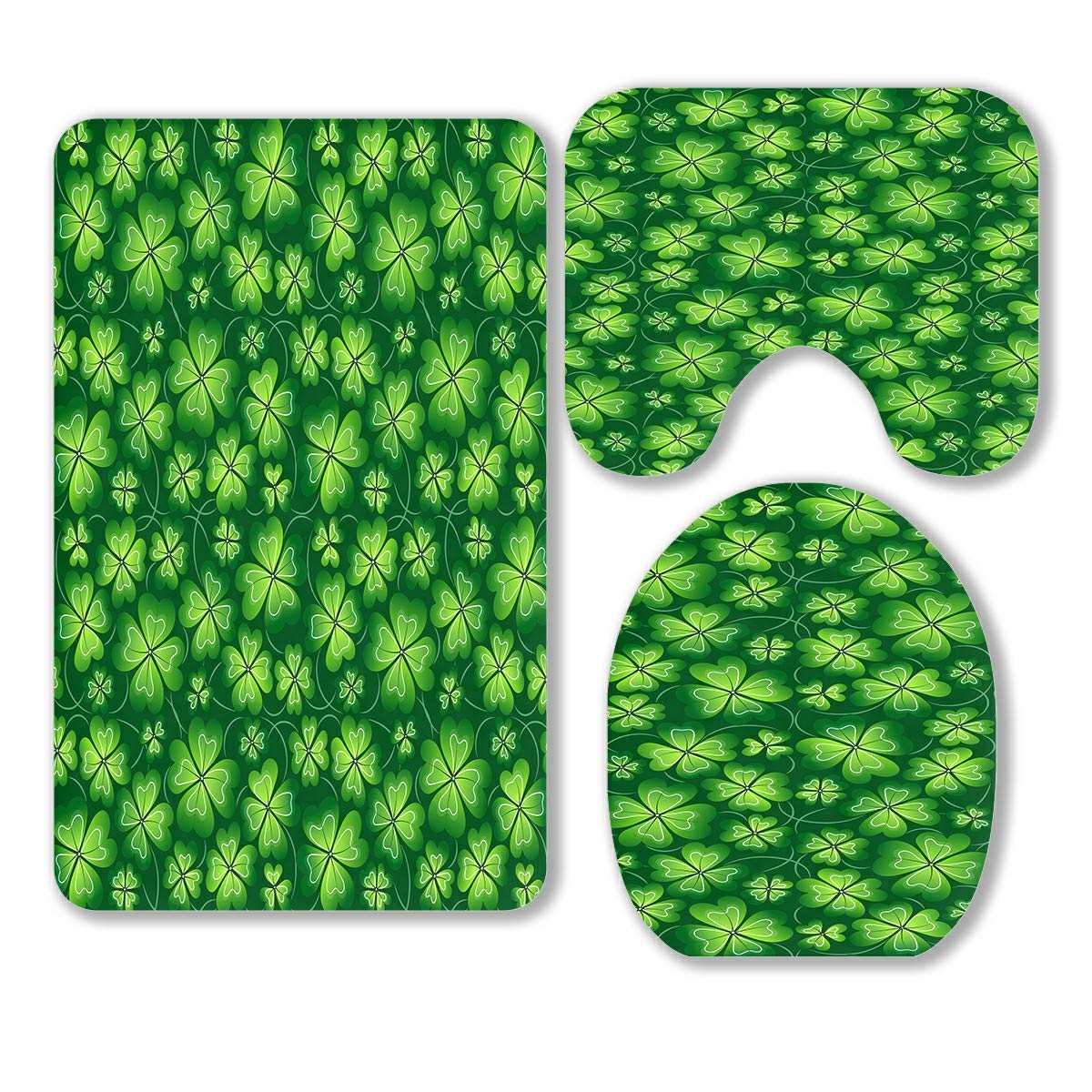 Dark Green Clover St. Patrick's Day 3-Piece Bathroom Rug Set - Non-Slip Bath Mat, Contour Mat & Toilet Lid Cover for Holiday Decor & Bathroom Safety