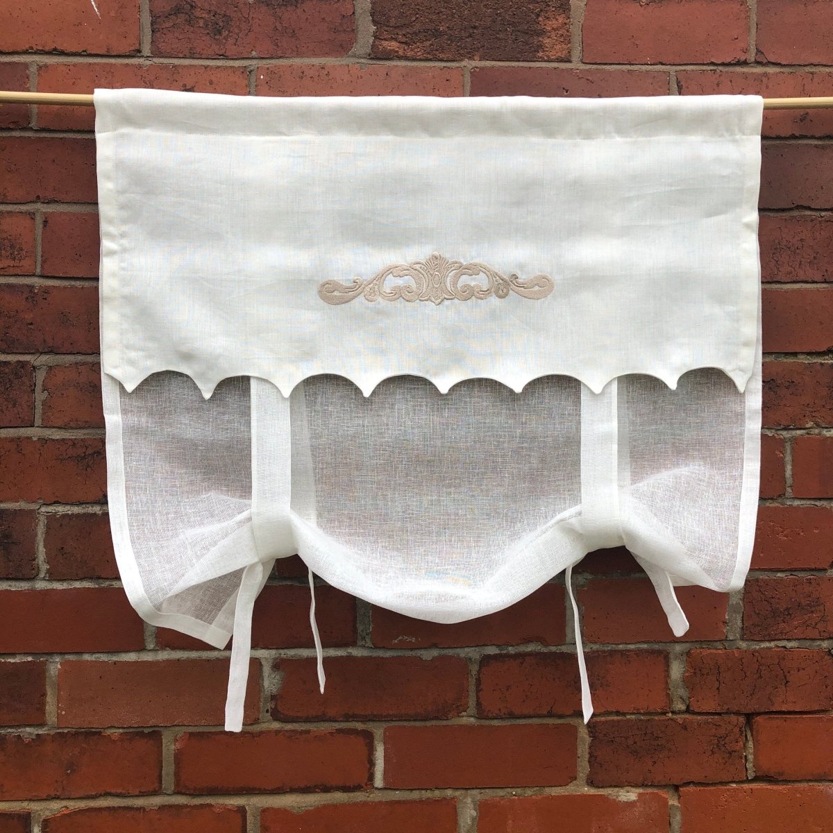 Ivory Linen Scallop Window Valance with Elegant Scroll Embroidery - Perfect for Living Room, Bedroom & Kitchen Curtain Decor