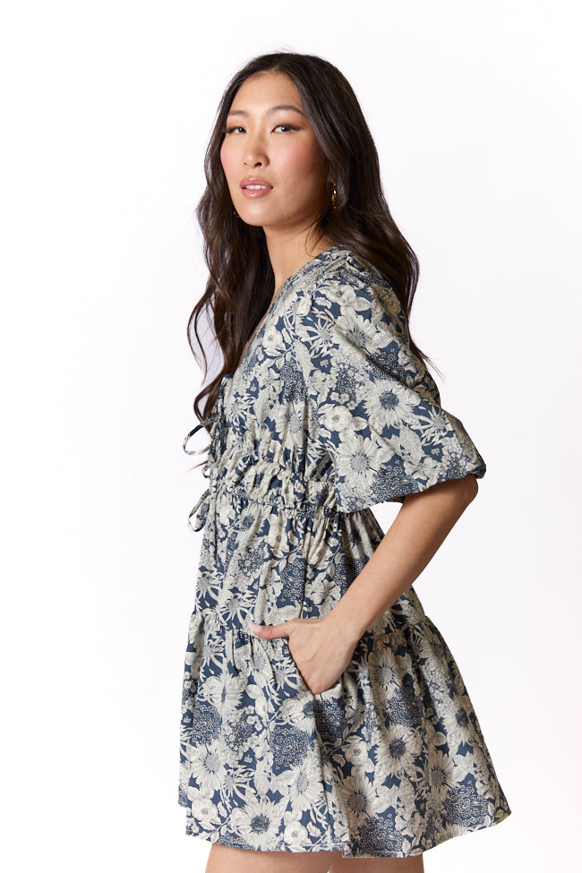 Build My Empire Navy Blue Tie Front Floral Print Mini Dress for Women | Summer Party, Date Night, Cocktail Dress | FINAL SALE