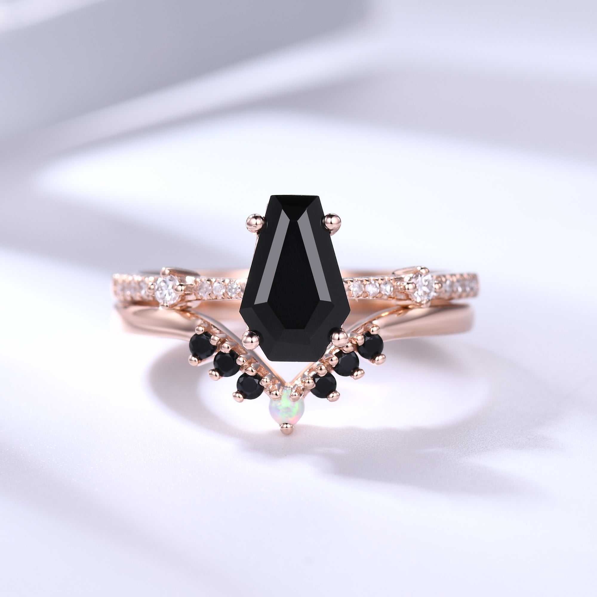 Black Onyx Coffin Gothic Engagement Ring Set with Opal Stacking Rings for Women - Gothic Wedding, Dark Romance, Alternative Jewelry for Brides, Couples & Unique Style Lovers