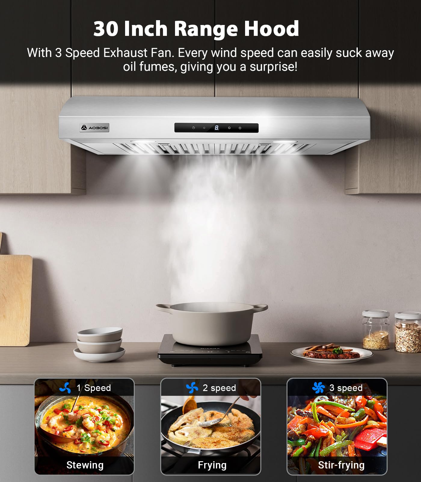 AAOBOSI 30 Inch Under Cabinet Range Hood with Wi-Fi - 3 Ventilation Modes, App & Touch Control, Ultra Quiet Operation, 3-Speed Exhaust Fan, LED Lights & Baffle Filters - Perfect for Modern Kitchens & Open-Concept Homes