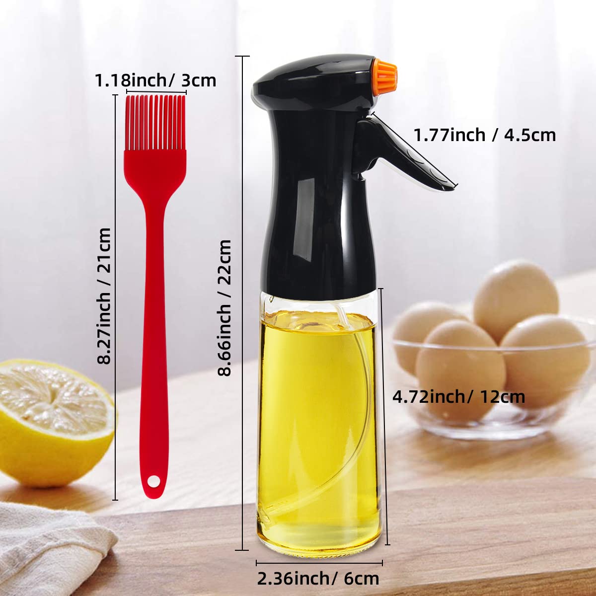 210ml (7oz) Olive Oil Spray Bottle with Brush - 2 Pack Kitchen Oil Mister for Cooking, Baking, Grilling & Air Fryer | Perfect for Salad Dressing, Roasting Vegetables & Healthy Meal Prep
