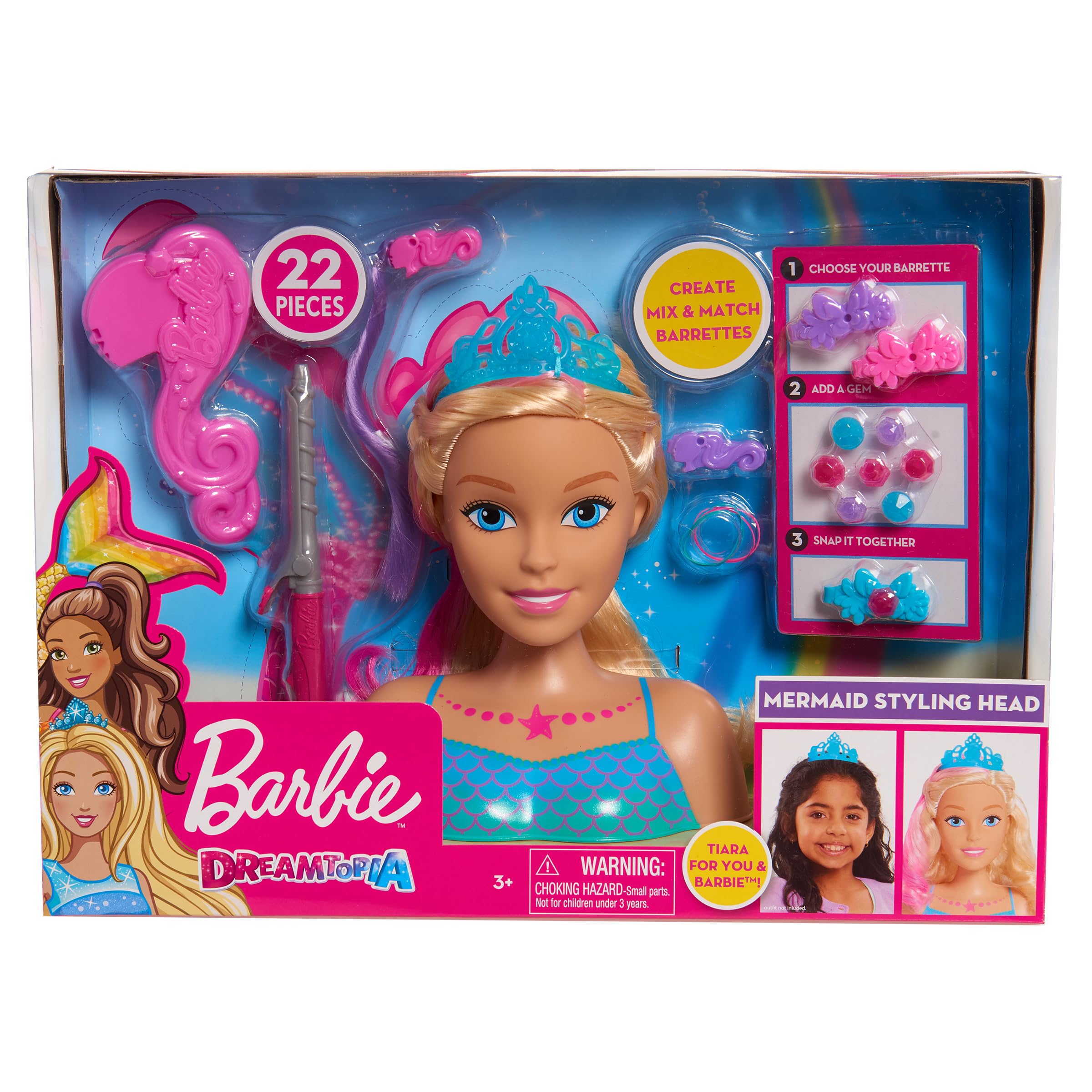 Barbie JP Dreamtopia Mermaid Styling Head with 22 Hair Styling Accessories - Perfect for Pretend Play, Birthday Gifts & Creative Hair Styling Fun
