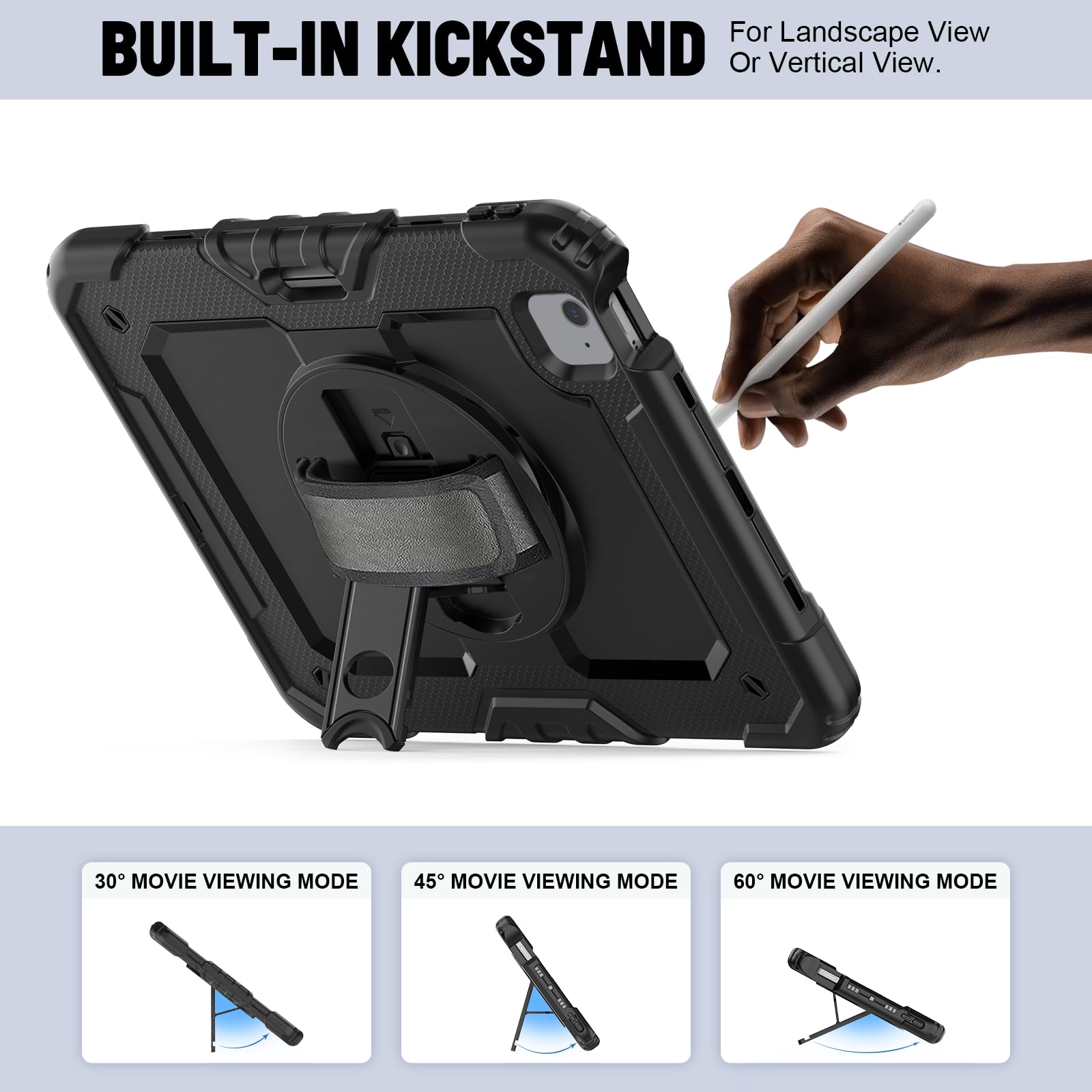 Premium iPad Air 5/4 (10.9'' 2022/2020) & iPad Pro 11 (2021/2020/2018) Protective Case - Shockproof Full-Body Cover with 9H Tempered Glass Screen Protector, 360° Rotatable Kickstand & Hand Strap | Perfect for Kids, Travel, Work & Home Use (Black)