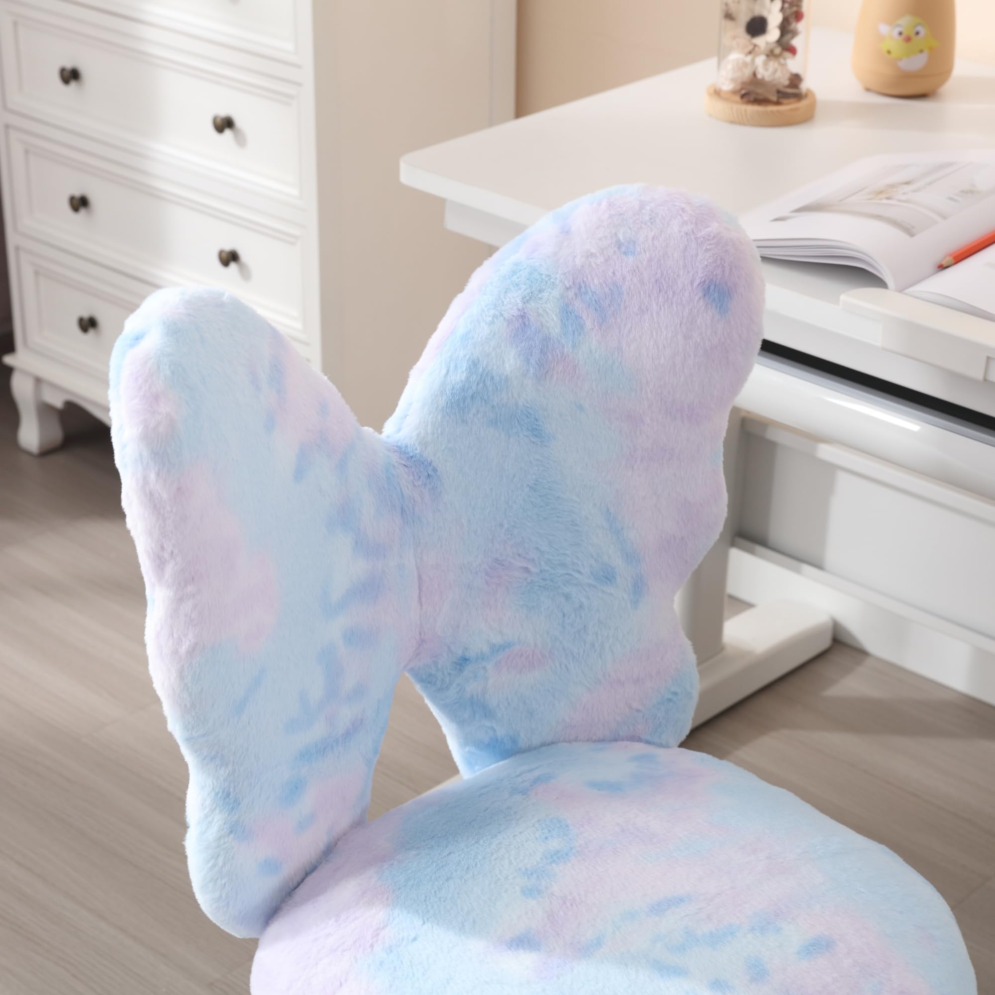 Kmax Adjustable Kids Desk Chair with Wheels - Soft Faux Fur Swivel Office Chair for Children, Cute Butterfly Design, Perfect for Bedroom, Study Room & Reading Nook - Dreamy Blue