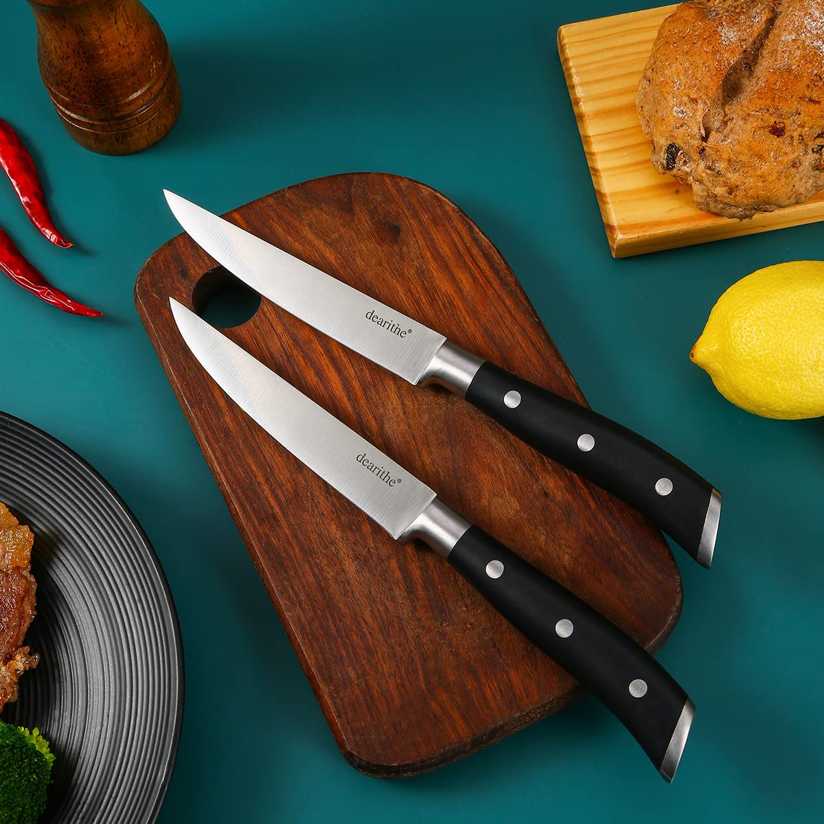 Premium 4-Piece Steak Knife Set - Black Full-Tang Triple Rivet Non-Serrated Stainless Steel Sharp Blades (5 Inches) - Ideal for Restaurants, Kitchen, Camping & Dinner Parties - Dishwasher Safe