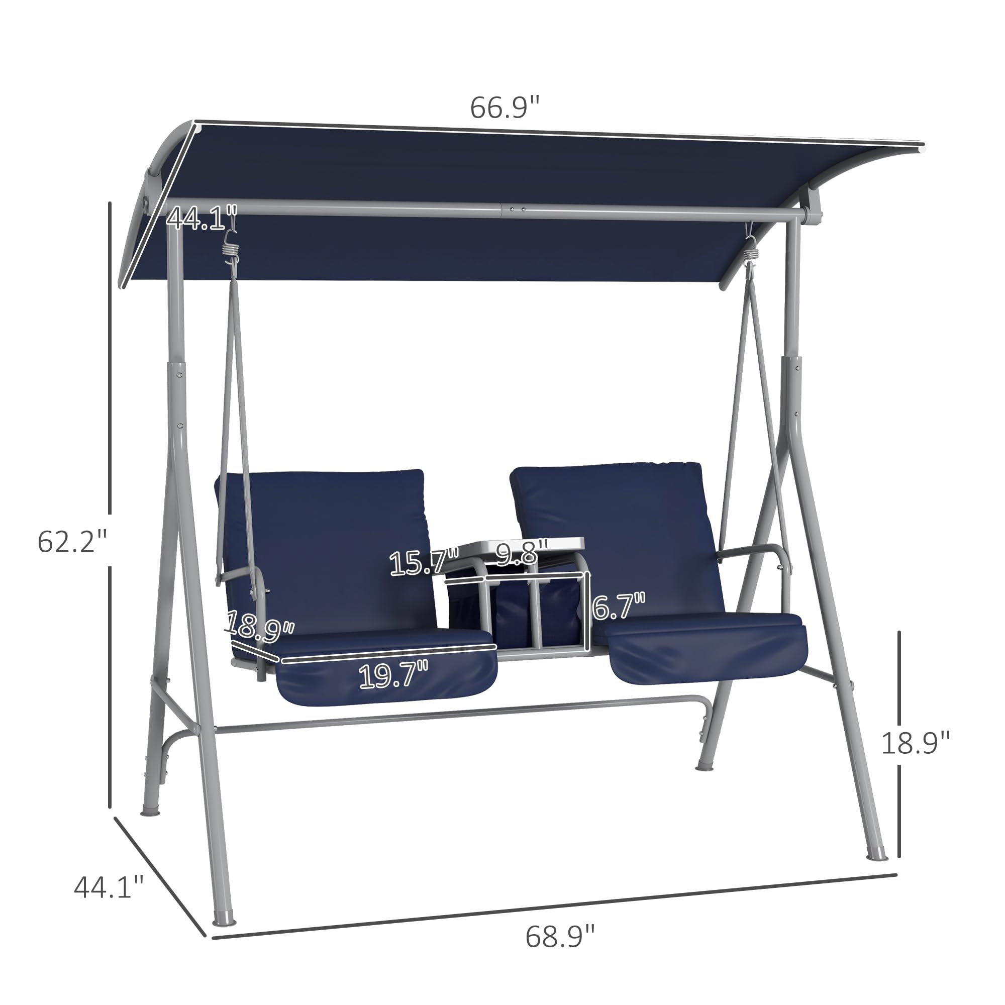 Outsunny 2-Person Outdoor Porch Swing with Stand & Canopy - Patio Swing with Pivot Storage Table, 2 Cup Holders & Cushions - Dark Blue - Perfect for Backyard Relaxation, Garden Lounging & Outdoor Conversations