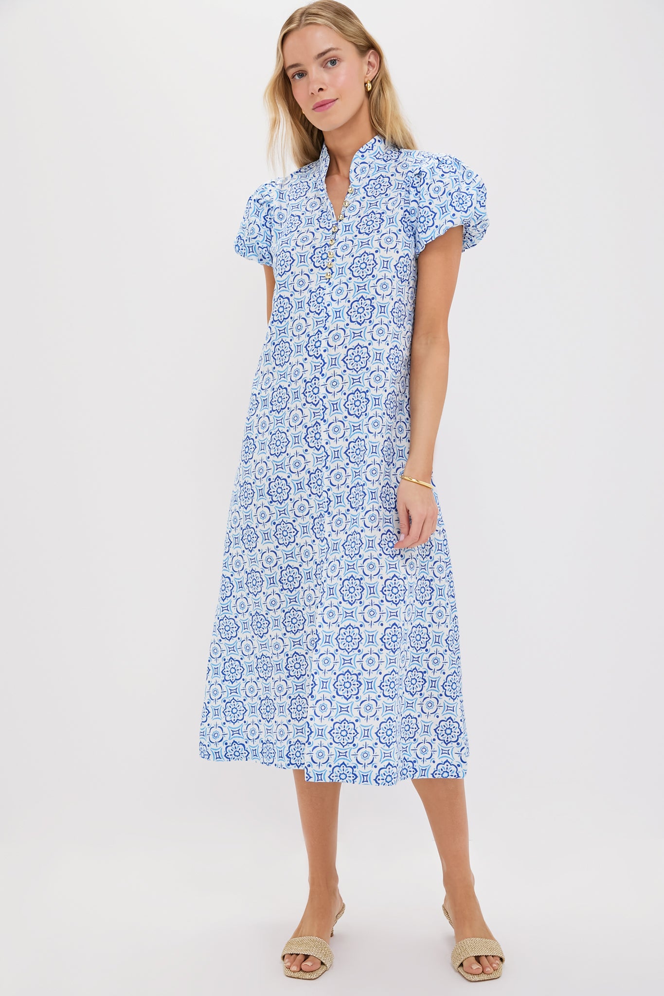 Blue Medallion Puff Sleeve Button Midi Dress - Elegant Floral Print Summer Dress for Women, Perfect for Weddings, Parties & Date Nights