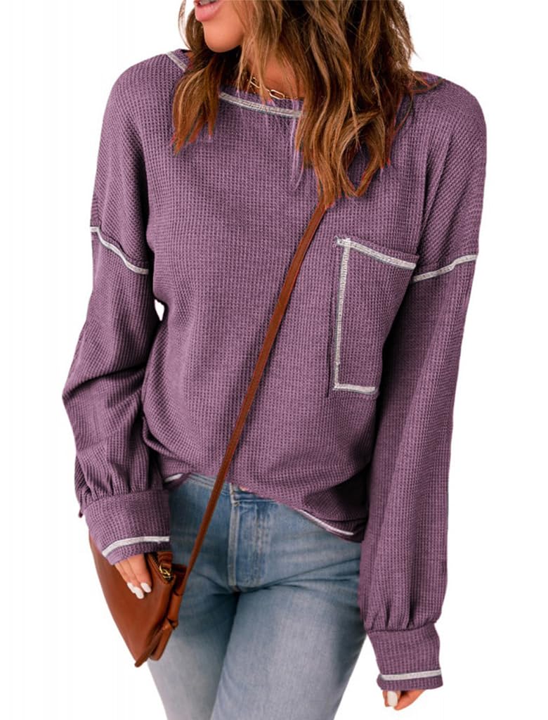 Locryz Women's Waffle Knit Tunic Top - Long Sleeve Loose Pullover Blouse with Drop Shoulder & Pocket | Casual Fall Outfit, Layering Shirt for Work & Weekend Wear
