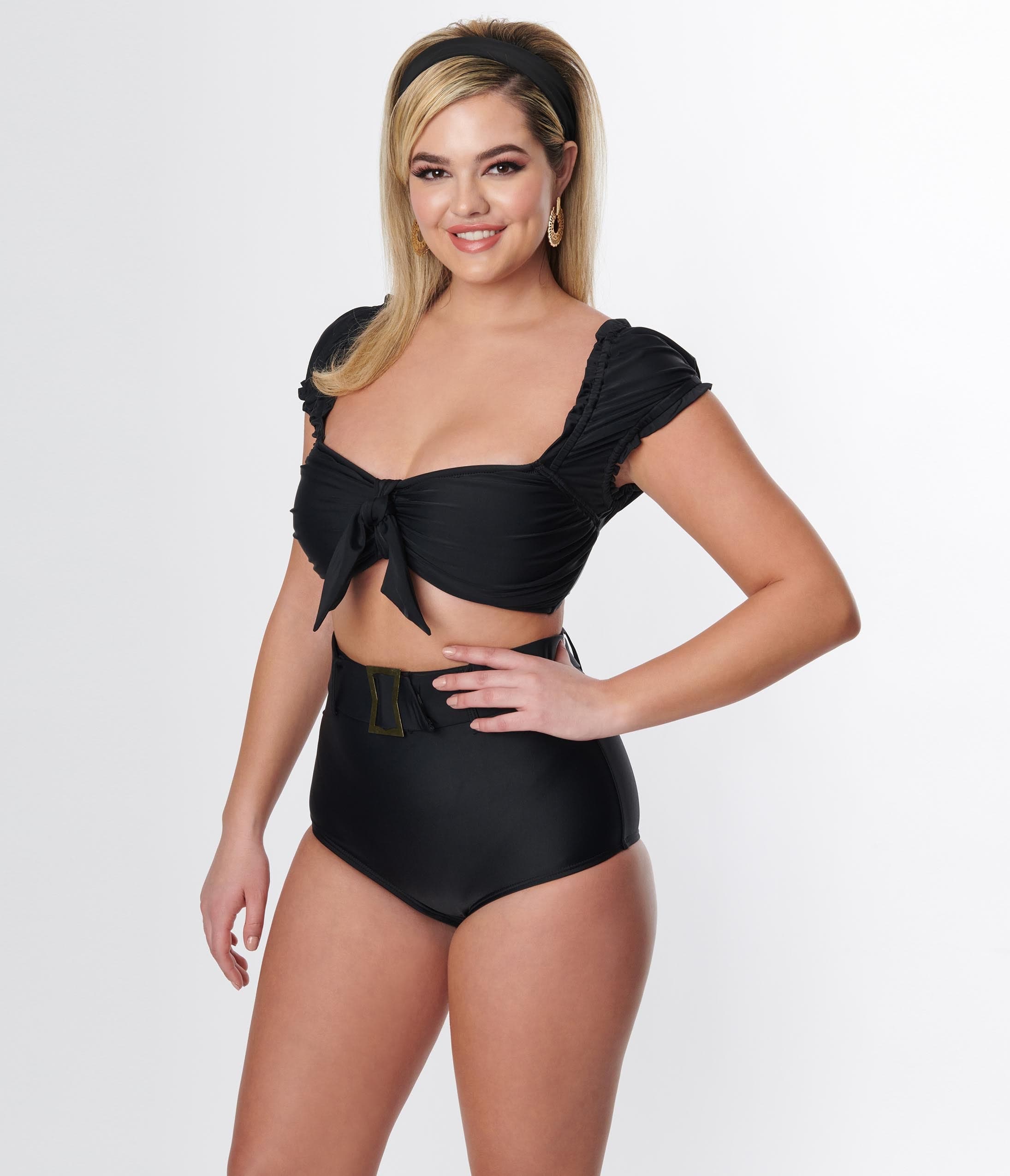 Vintage Black Shirred Bow Bandeau Swim Top - Retro High Neck Swimwear for Women, Perfect for Beach Vacations & Pool Parties