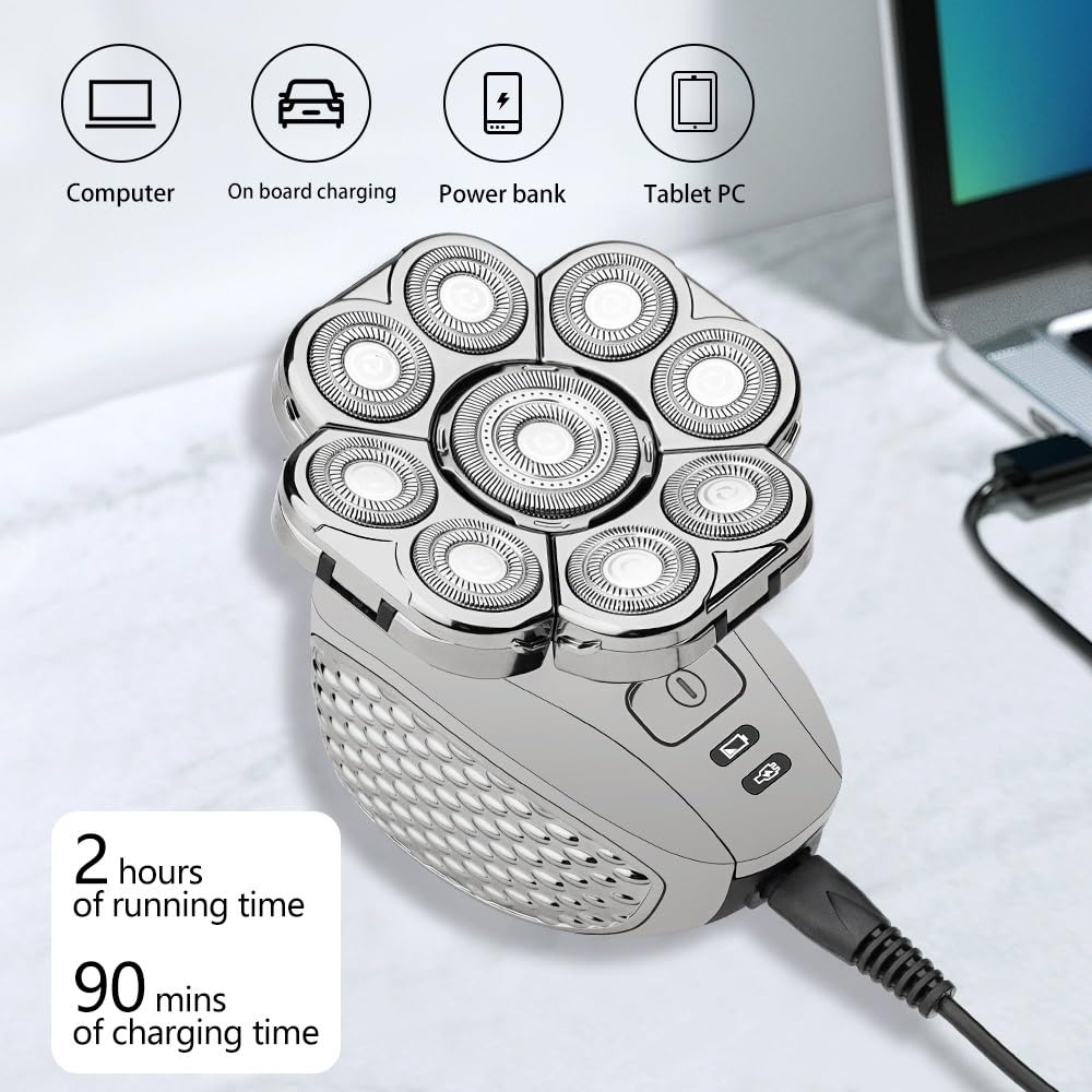 6-in-1 Electric Head Shaver for Bald Men - 9D Floating Blade Wet/Dry Cordless Trimmer - Perfect for Travel, Gym & Daily Grooming