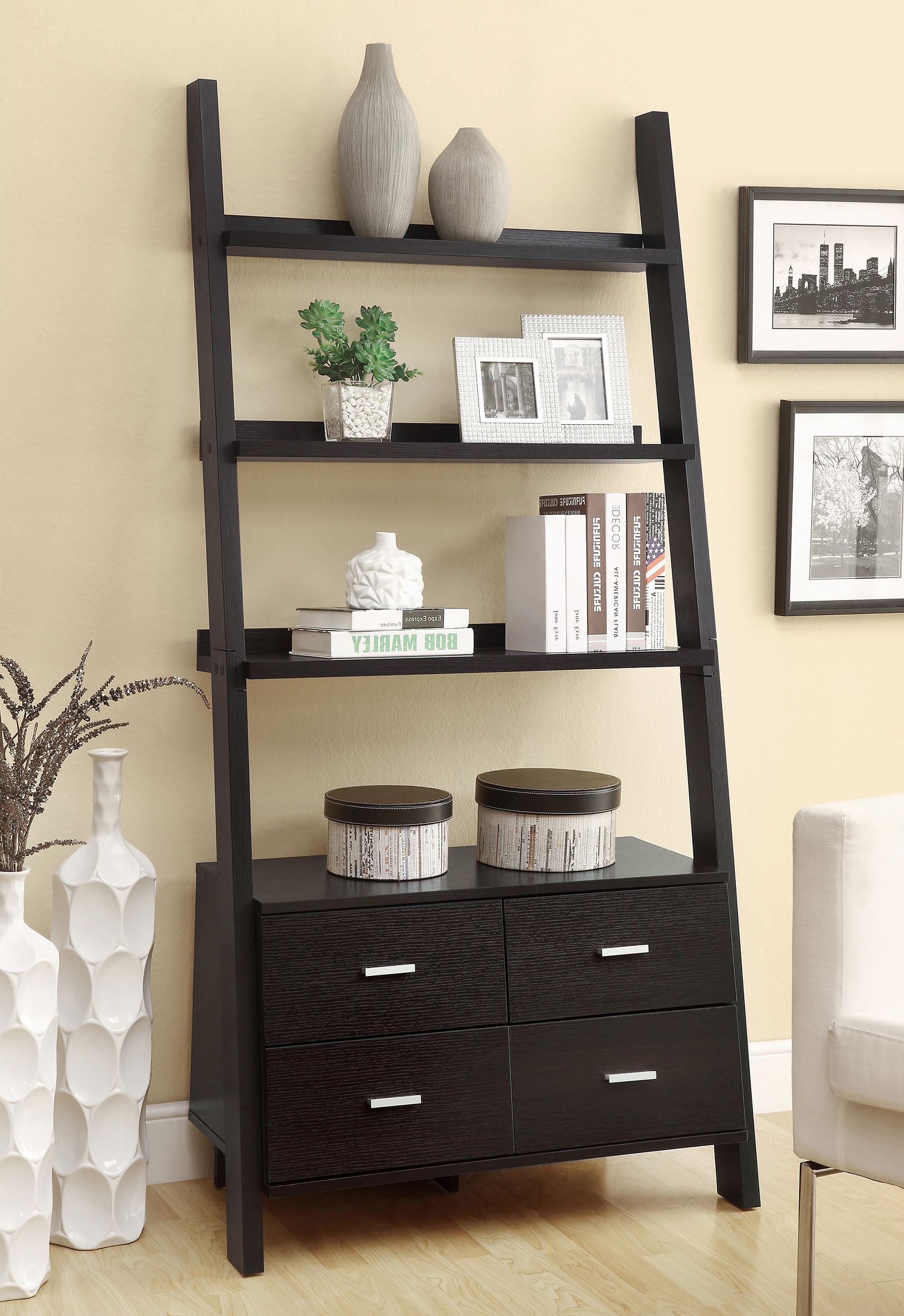 Coaster Home Furnishings Colella 4-Drawer Leaning Ladder Bookcase in Cappuccino Finish - Perfect for Living Room, Bedroom or Office Storage & Display