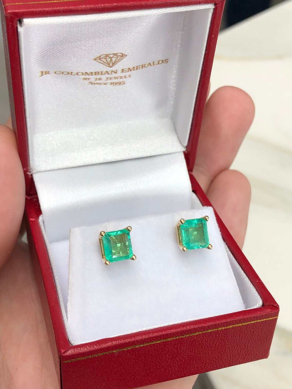 2.0tcw Asscher Cut Certified Medium Green Emerald Stud Earrings in 14K Gold - Perfect for Weddings, Anniversaries & Special Occasions