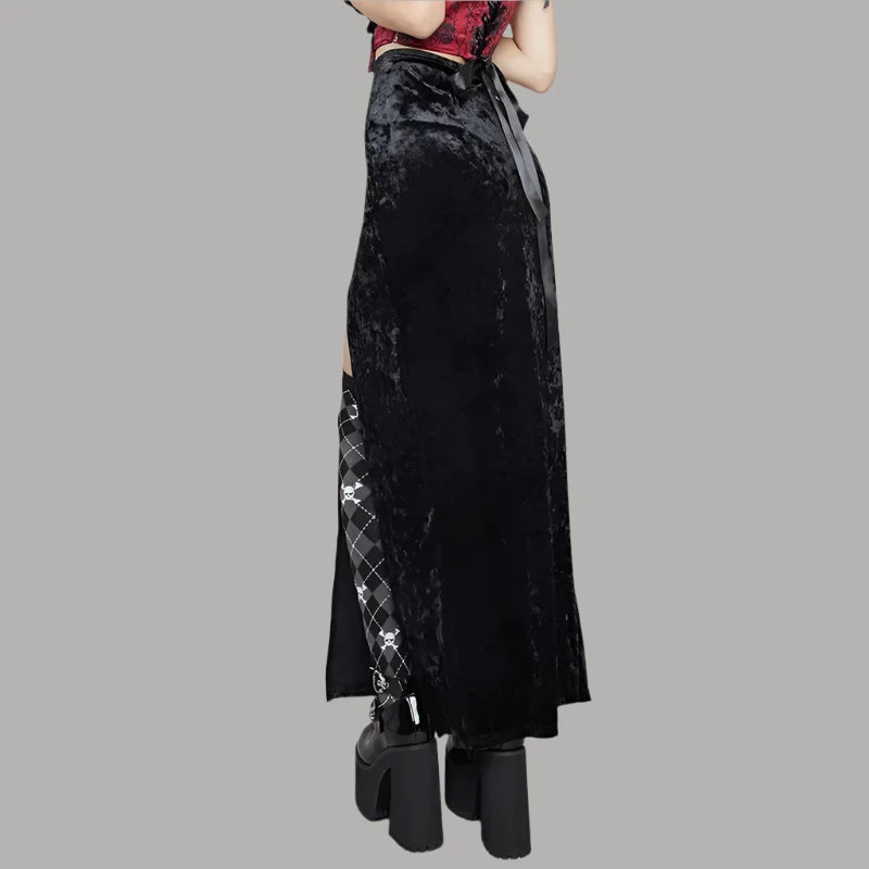 Gothic Punk High Waist Long Skirt for Women - Winter Velvet Black Sexy Skirt with Double Slit | Alt Fashion A-Line Maxi Skirt | Perfect for Gothic Parties, Concerts, and Dark Fashion Outfits (Style P80 CZ22)