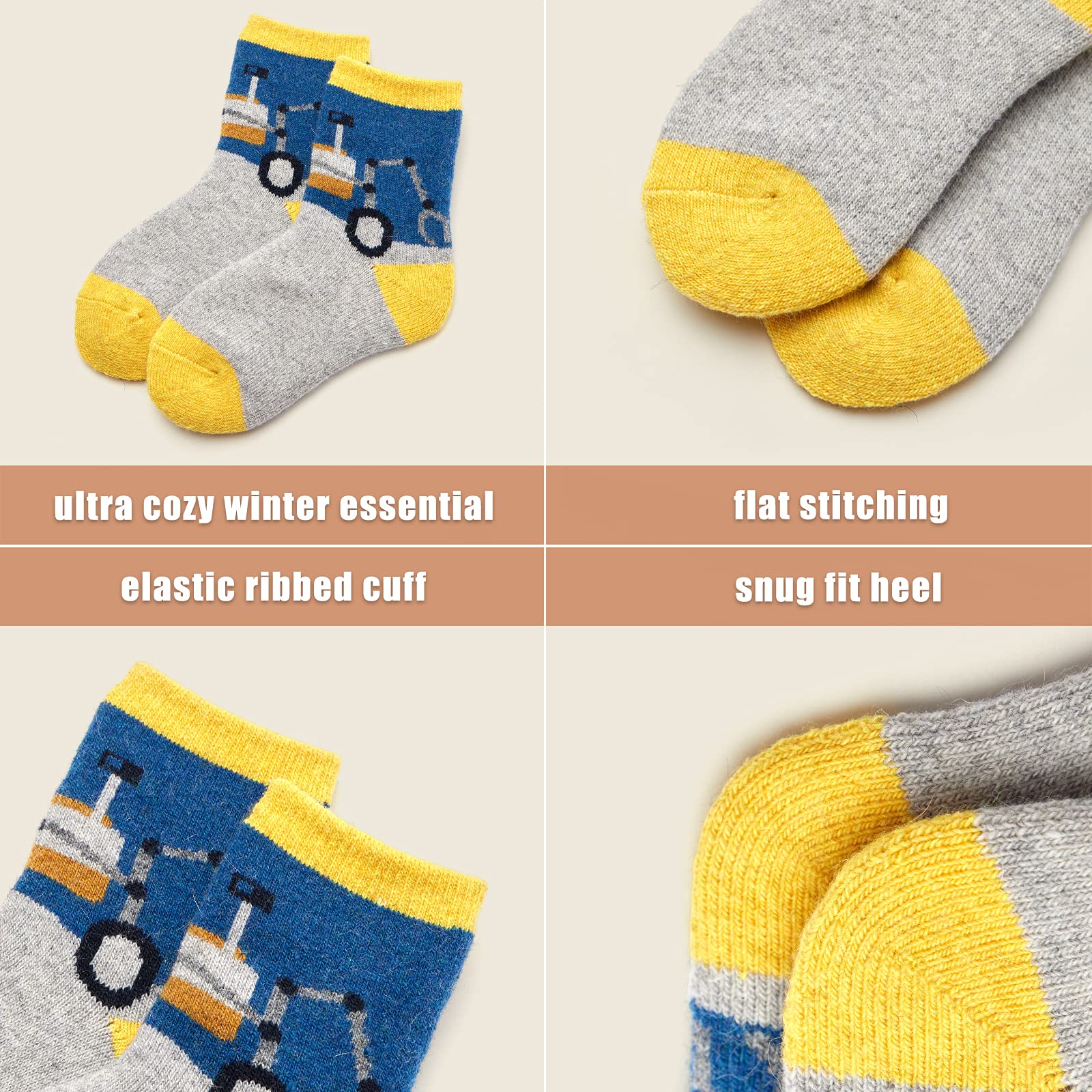 Boys Wool Socks - 6 Pairs Thick Thermal Winter Crew Socks for Kids - Warm & Cozy for Snow Days, Outdoor Activities & Cold Weather