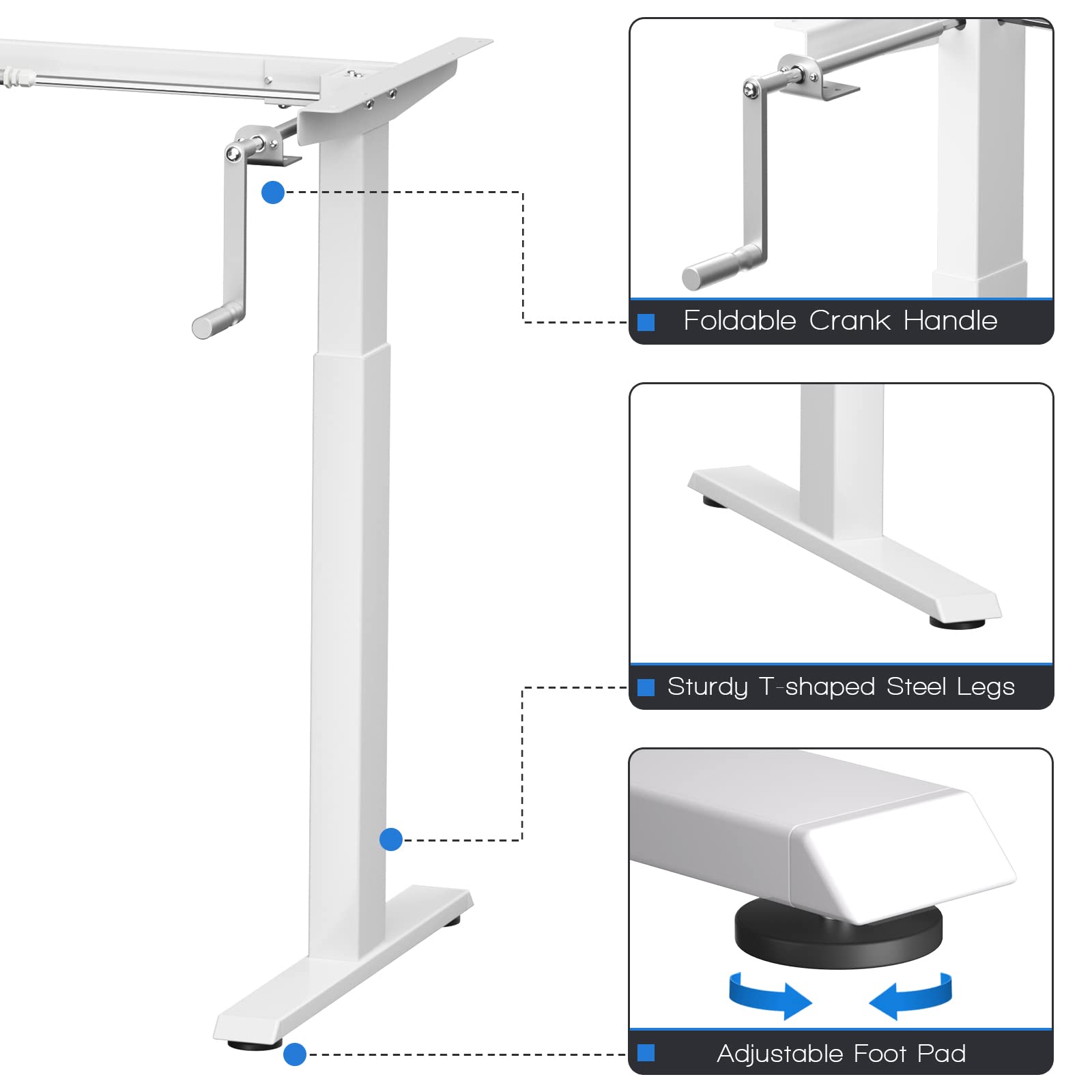 COSTWAY Manual Crank Standing Desk Frame - Adjustable Sit to Stand Workstation Base with Ergonomic Foldable Handle, Cable Management & Hook | Home Office, Study, Workspace (White)