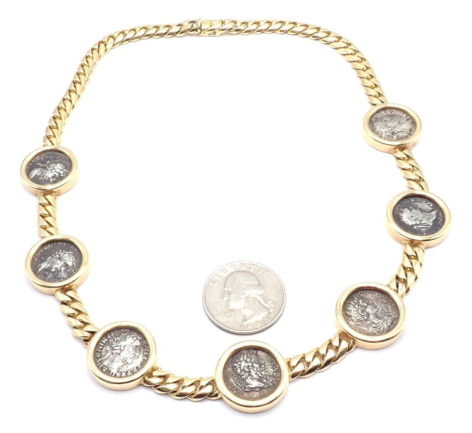 Vintage Bvlgari Bulgari 18k Yellow Gold 7 Antique Coin Monete Link Necklace - Luxury Italian Jewelry for Women, Perfect for Parties & Special Occasions